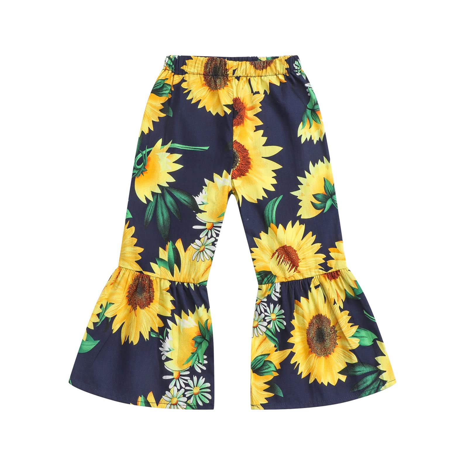 **Toddler Girls' Stretchy Flare Pants with Sunflower Print & Ruffles - Soft Fleece Leggings for Girls, Bell Bottom Pants - Perfect for Playdates, Daycare & Casual Outfits**
