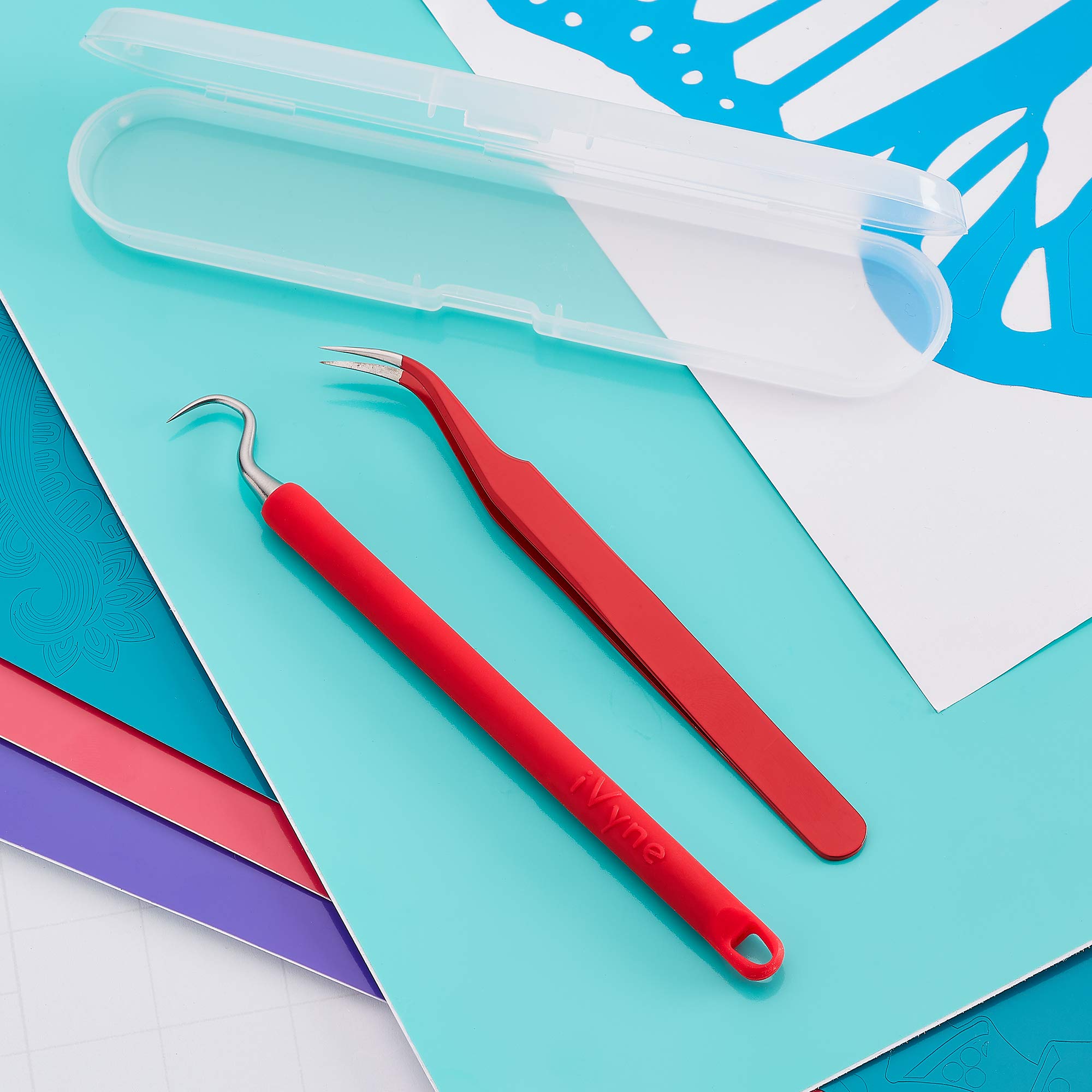 iVyne 2-Piece Silicone Weeding Tool Set for Cricut & Silhouette Cameo - Vinyl Weeder & Craft Tweezers for HTV, Adhesive Vinyl - Perfect for DIY Crafts, Scrapbooking & Decal Making - Red