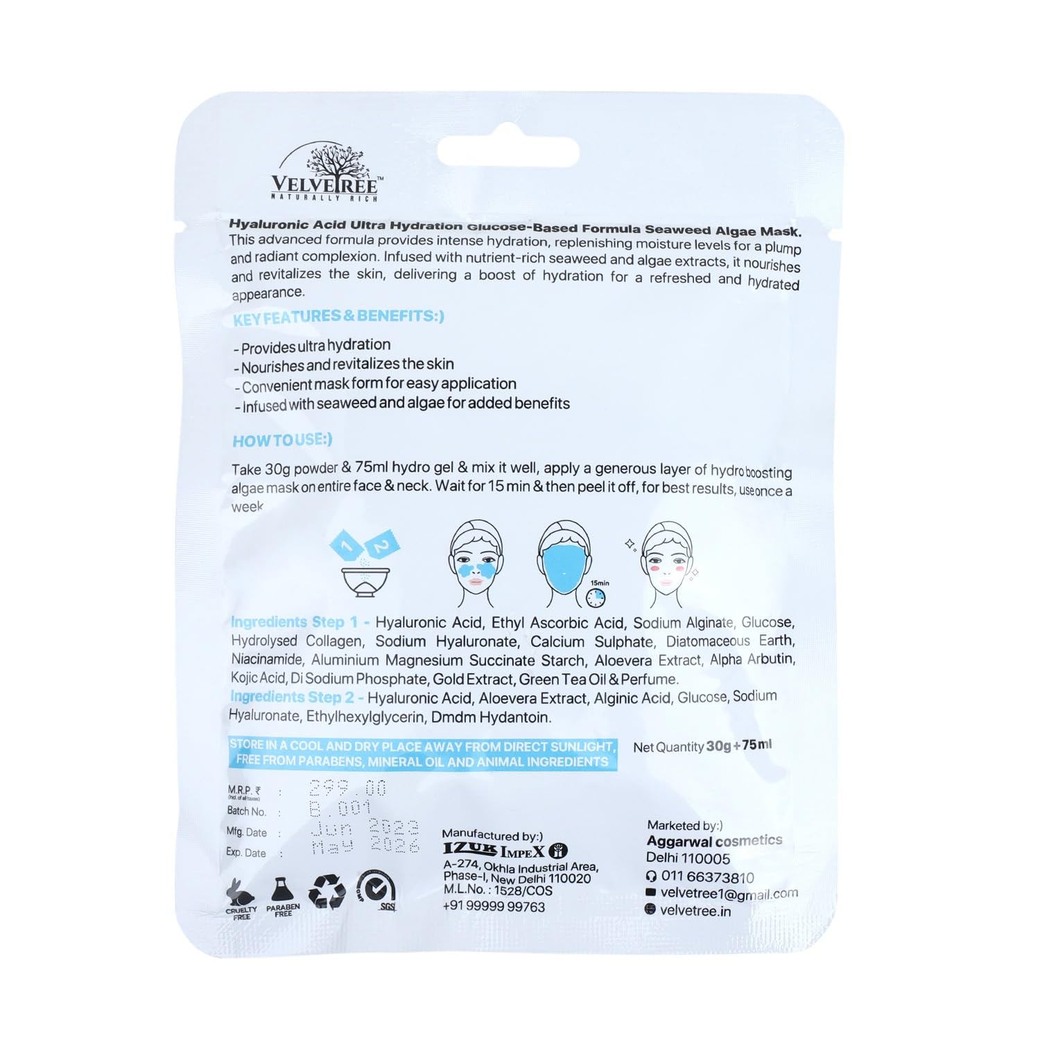 Velvetree Hydrating Seaweed Algae Face Mask with Hyaluronic Acid & Glucose Formula - 30g + 75ml for Deep Moisturizing & Skin Rejuvenation - Perfect for Dry Skin Care & Spa Night Routine