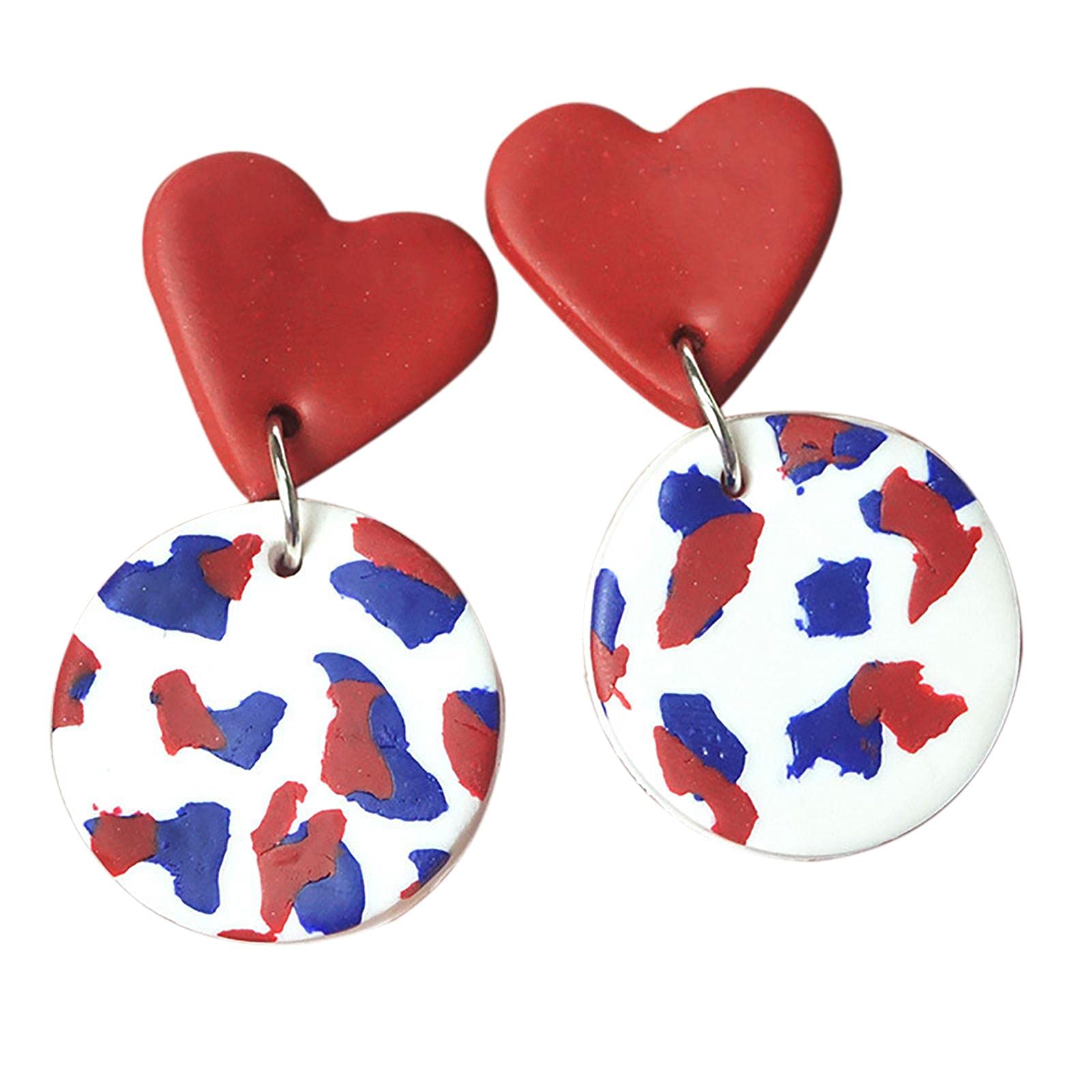 Patriotic Red White Blue Heart Dangle Earrings - Lightweight Handmade Ceramic Clay Statement Jewelry for Women & Girls | Perfect for Independence Day, Memorial Day, 4th of July & Summer Festivals