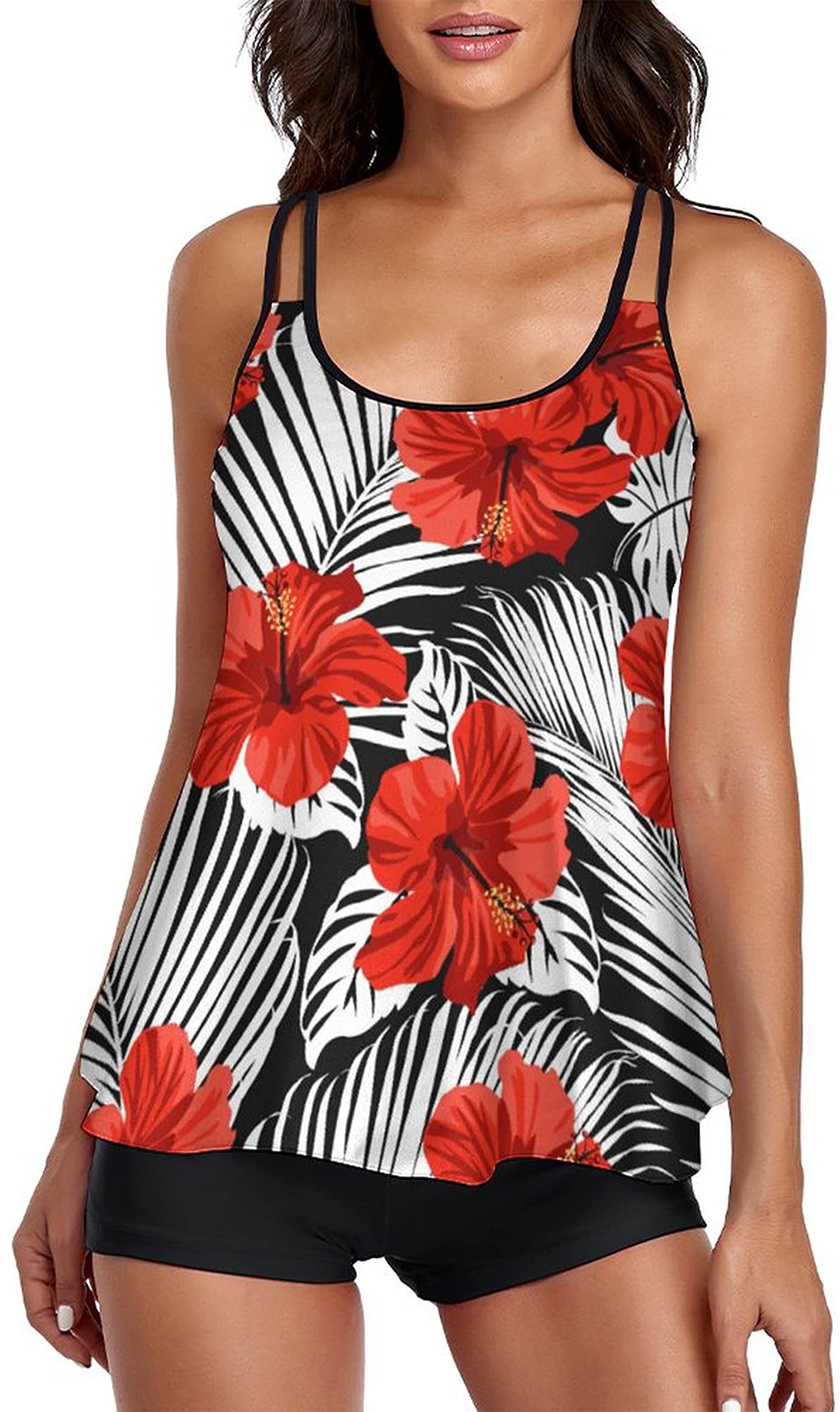 UNIQWETO Women's Tummy Control 2-Piece Tankini Swimsuits - High Waisted Boyshorts & Long Tank Top Bathing Suit for Beach, Pool & Vacation | Slimming Swimwear for Women