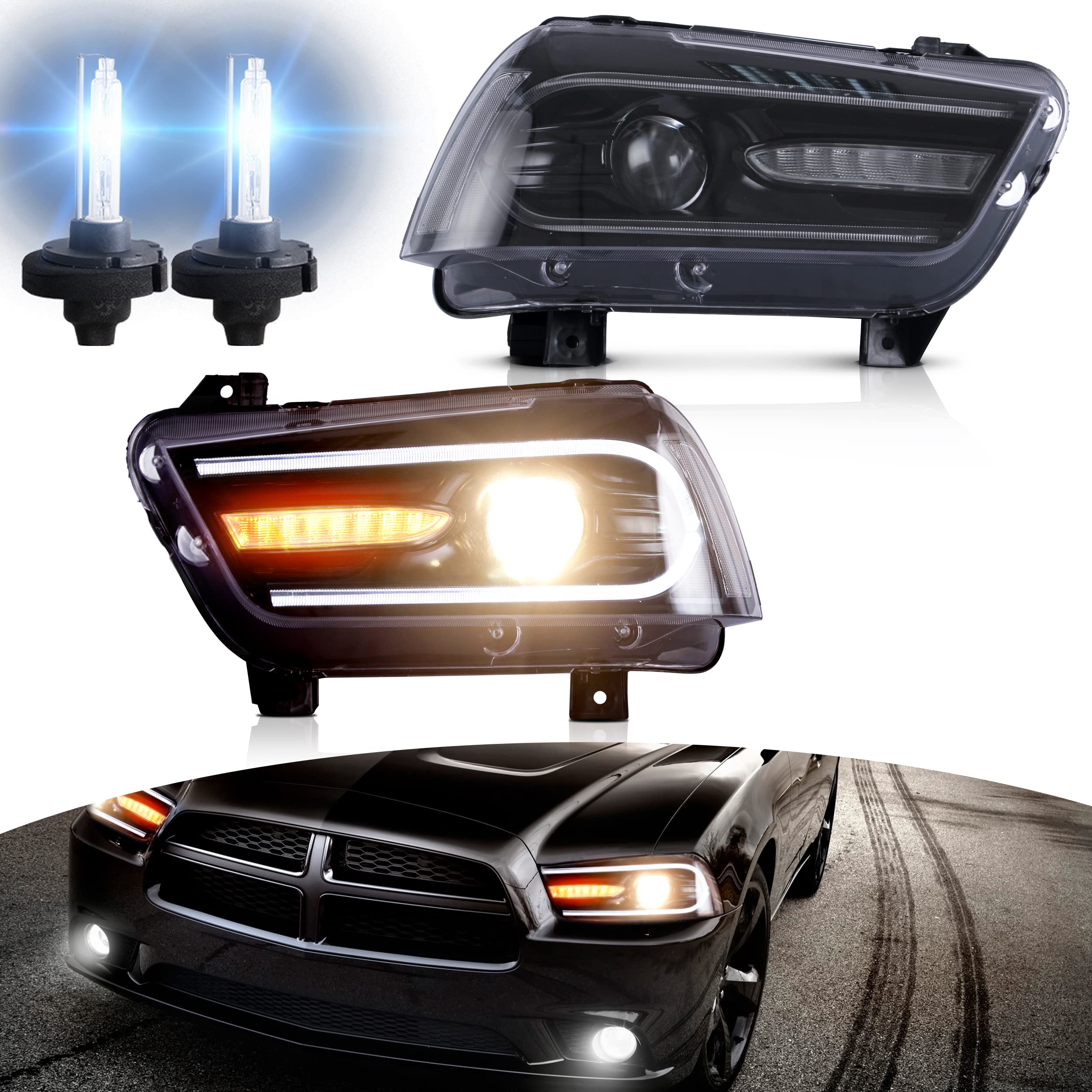 VLAND D2H Xenon Headlights with Turn Signal - Plug & Play Replacement for 2011-2014 Dodge Charger (Excludes 2012 SE Model) - Upgrade Your Night Driving & Style