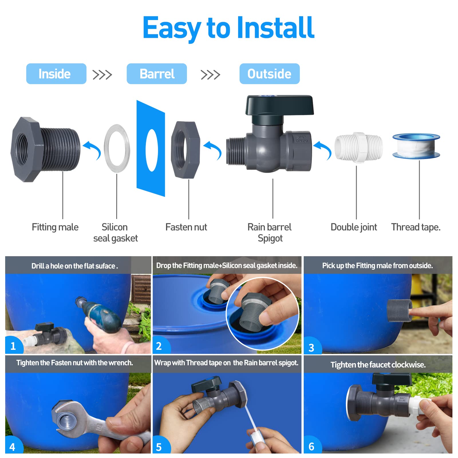 Rain Barrel Spigot Kit - PVC Water Barrel Diverter with Bulkhead Fitting, Hose Faucet Adapter & Thread Seal Tape | Perfect for Water Tanks, Aquariums, Bathtubs, Pools & Garden Barrels | Outdoor Water Conservation & Irrigation Solution