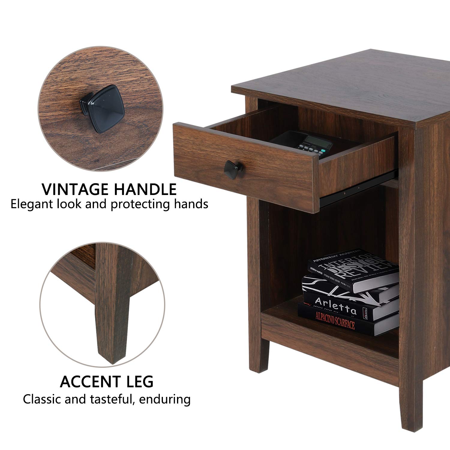 GBU Bedroom Nightstands - Set of 2 Wooden Night Stands with Drawer, Large Storage End Tables for Bedroom (18.11