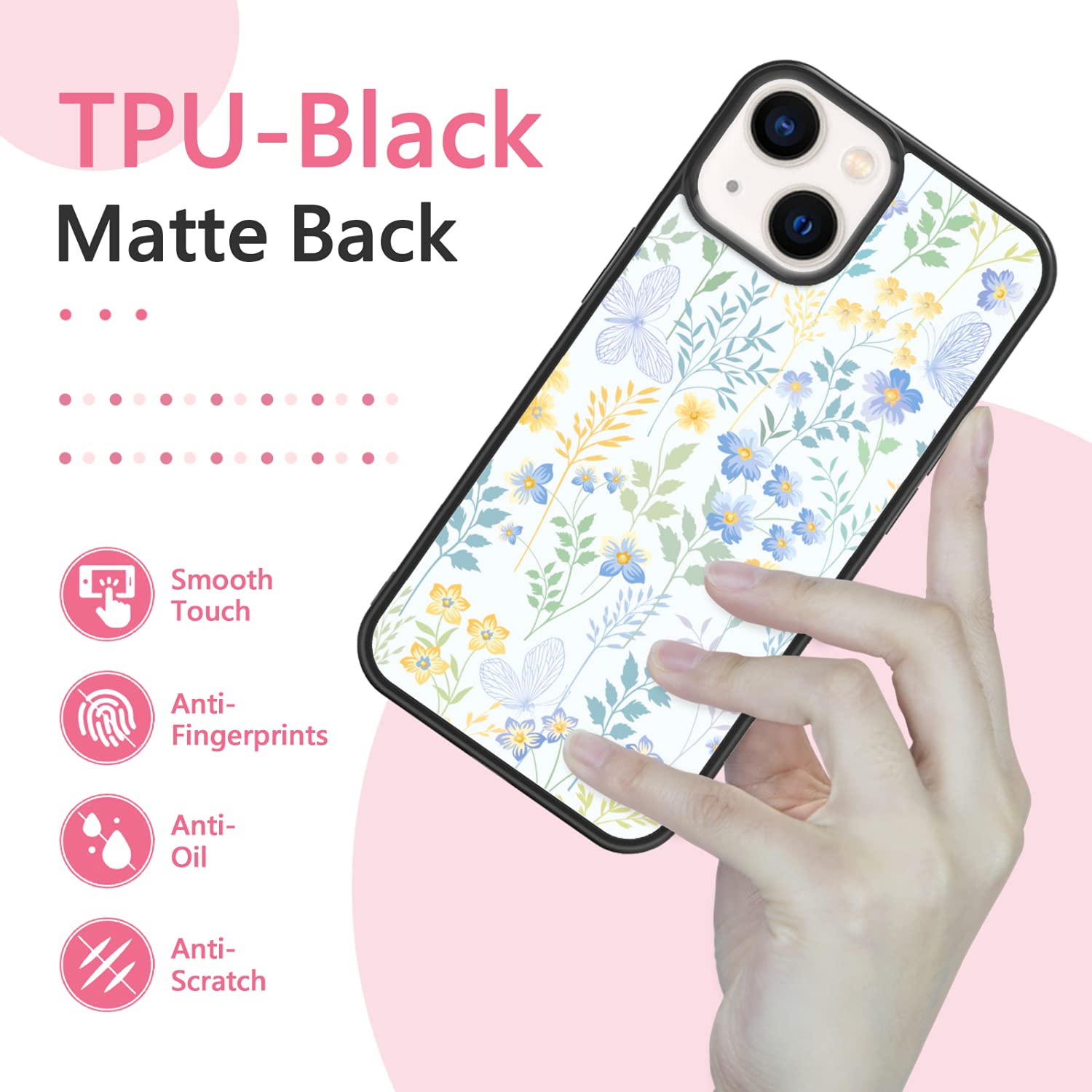 Floral Butterfly Phone Case for iPhone 13 - Shockproof Protective Cover for Women & Girls | Cute Designer Case for 6.1 Inch iPhone | Perfect for Everyday Use, School & Outdoor Activities (Black)
