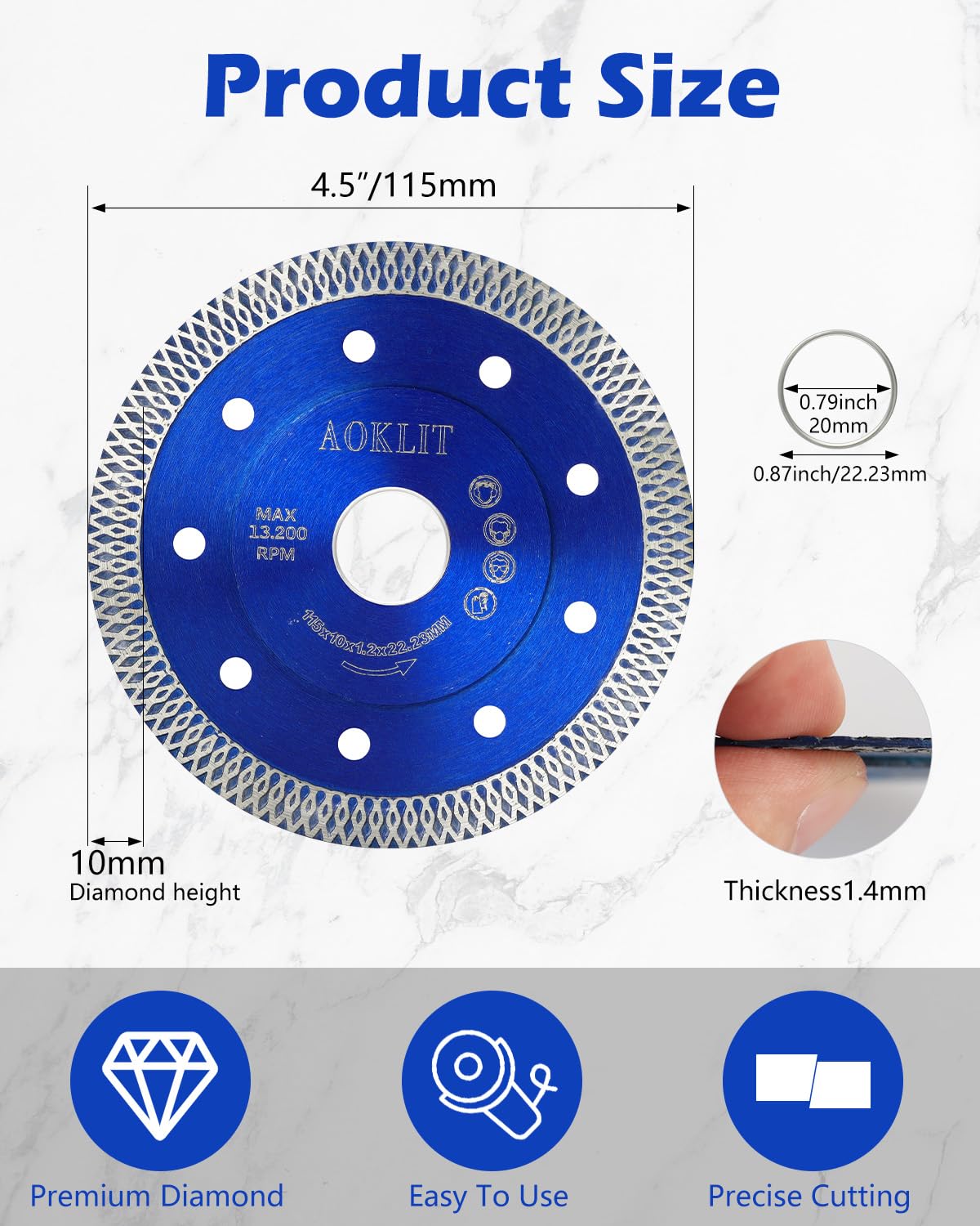 4.5 Inch Super Thin Diamond Tile Blade - 10 Pack Premium Diamond Cutting Blades for Angle Grinder - Perfect for Porcelain, Granite & Marble Tiles (Blue) - Ideal for DIY Home Renovation, Tile Installation & Professional Construction Projects