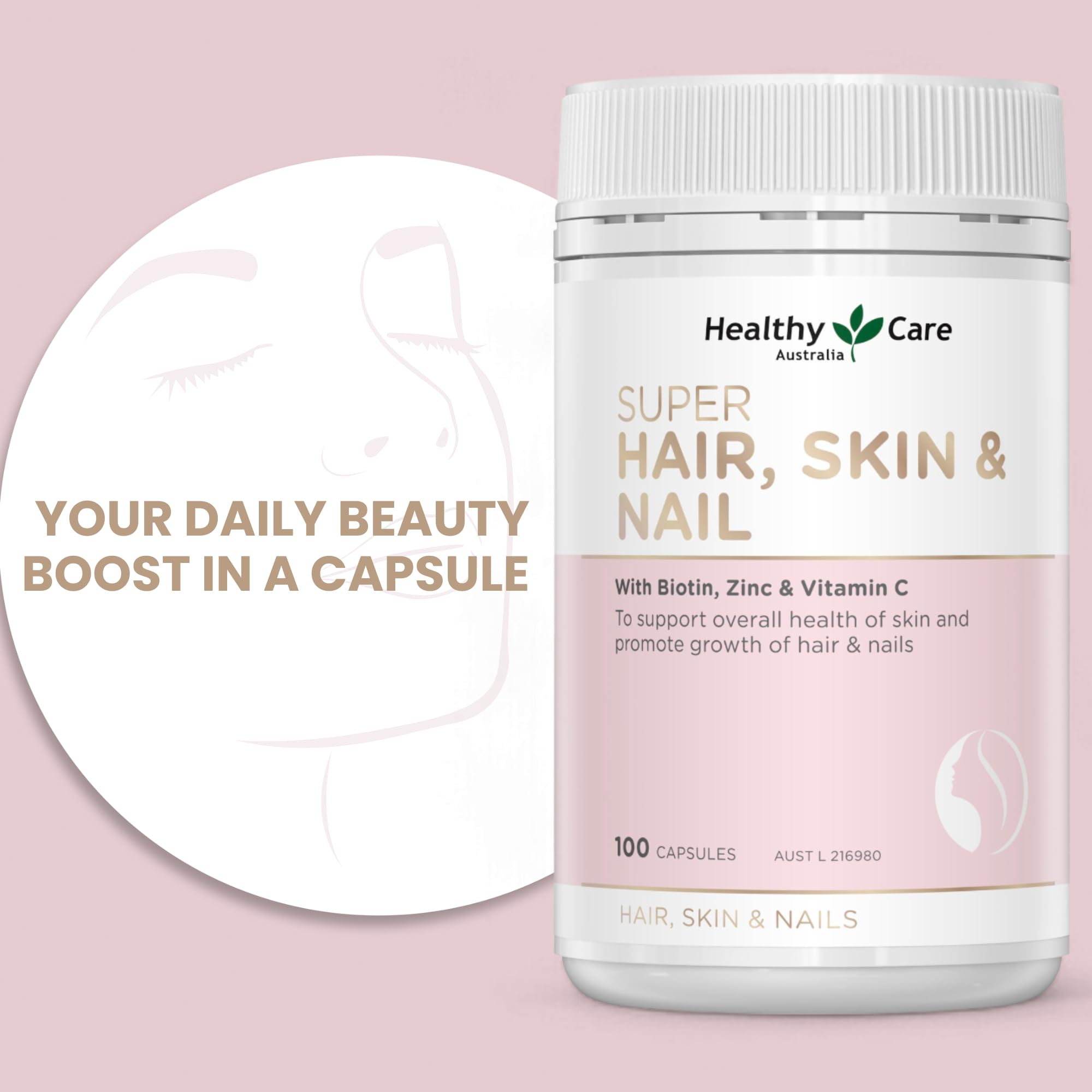 Healthy Care Super Hair Skin & Nails Supplement - 100 Capsules for Stronger Hair, Glowing Skin & Healthy Nails | Beauty & Wellness Support for Women & Men