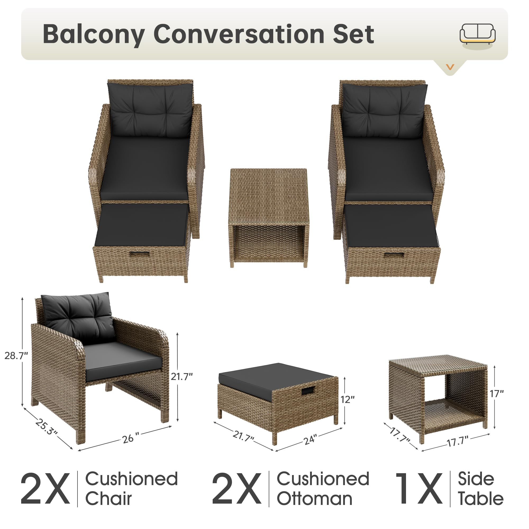 5-Piece PE Wicker Rattan Patio Conversation Set with Cushions - Outdoor Balcony Furniture with 2 Lounge Chairs, Ottoman & Glass Table - Perfect for Porch, Lawn, Garden and Backyard Relaxation