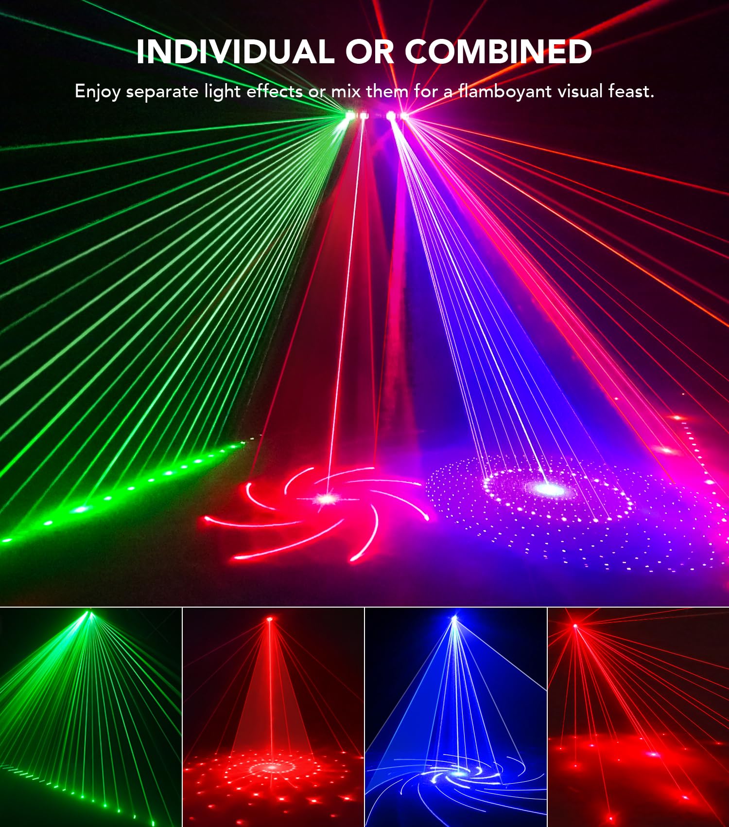 Professional 6-in-1 DMX & Sound Activated DJ Laser Light Show Machine with Disco Ball - RGBW & UV Strobe Party Lights for Rave, Club, Dance Bar, and Indoor Events | Perfect for DJ Performances, Nightclubs, and Home Parties