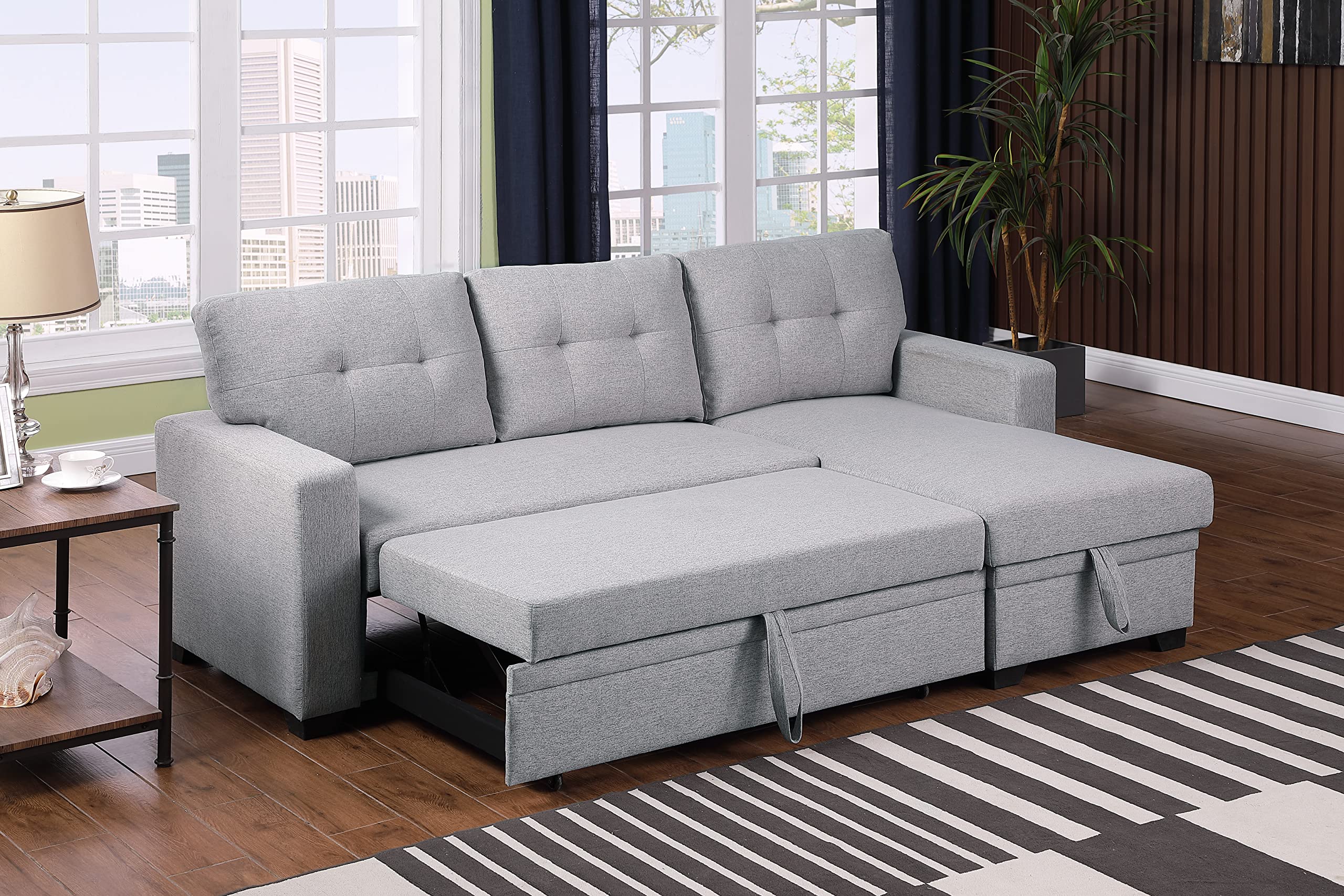 Devion Furniture L-Shape Sleeper Sectional Sofa with Linen Fabric - Convertible Sofa Bed for Living Room, Apartment & Dorm - Light Gray | Perfect for Small Spaces, Guest Rooms & Studio Apartments