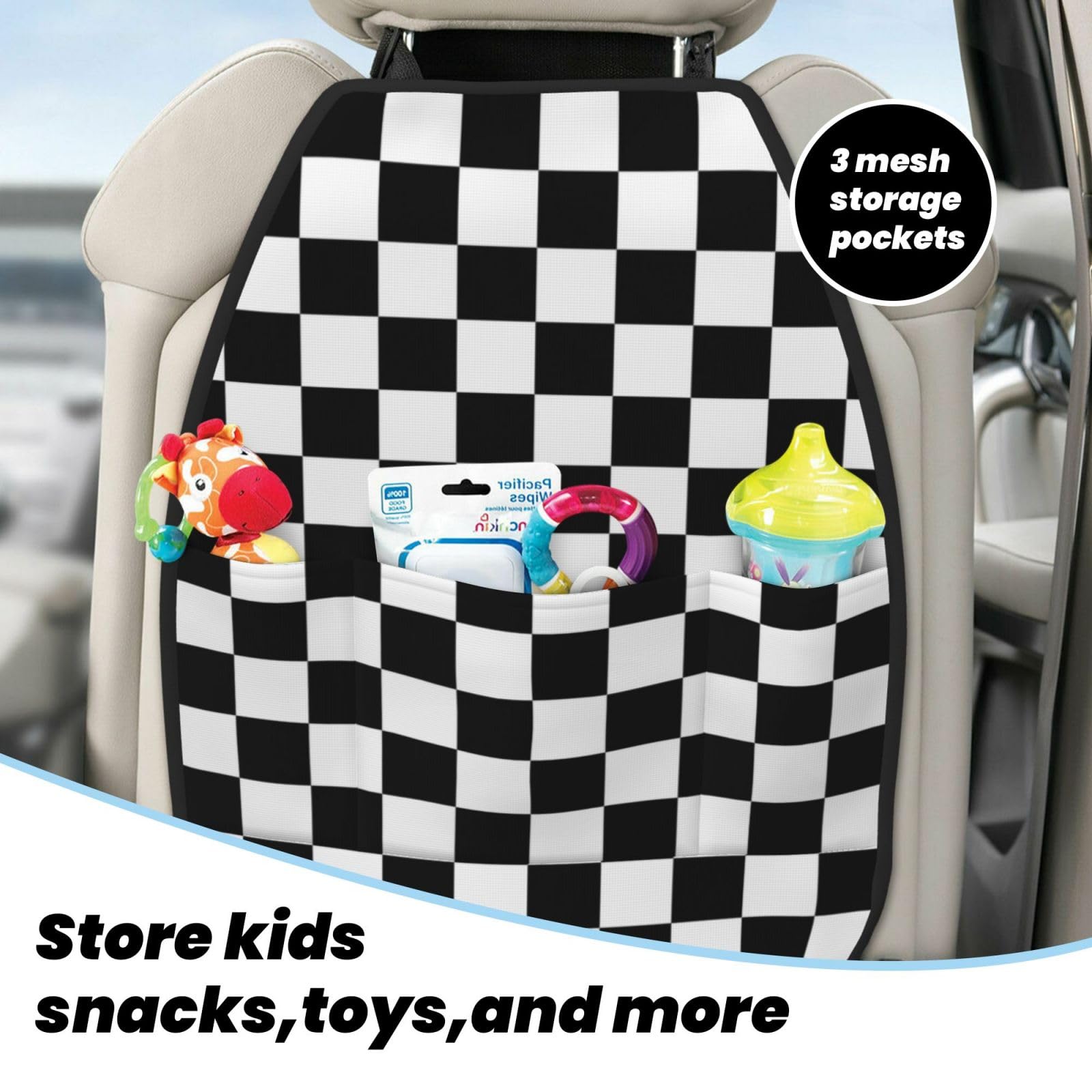 Black & White Checkered Car Seat Back Kick Protectors - 2 Pack with Storage Pockets | Durable Car Accessories for Kids | Perfect for SUVs, Minivans & Family Vehicles (Model A-100)
