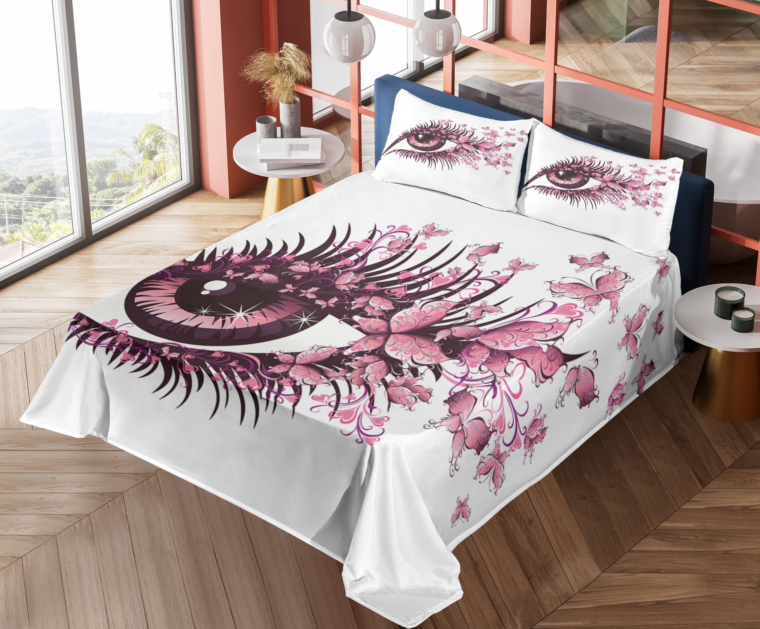 Ambesonne 4-Piece King Size Butterfly & Mascara Print Bed Sheet Set - Pale Pink & Purple Fitted Sheet, Flat Sheet & Pillowcases - Soft Luxury Bedding for Women's Bedroom, Dorm Room or Guest Room Decor