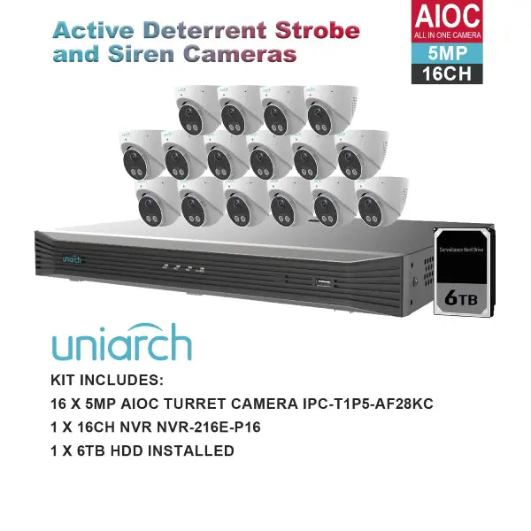 Uniarch 5MP 16 Channel NVR CCTV Security Camera System with Active Deterrence - AI Outdoor Surveillance Kit for Home & Business Protection (Model K51616AIOC)