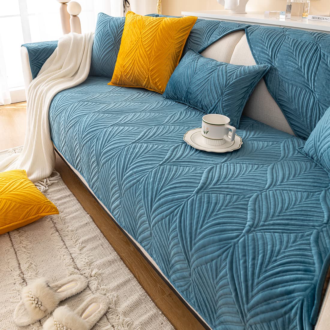 VCTOPS Super Soft Velvet Quilted Sofa Slipcover - Non-Slip Sectional Couch Cover with Leaf Pattern, Plush Furniture Protector for Pets & Kids (Blue, 28