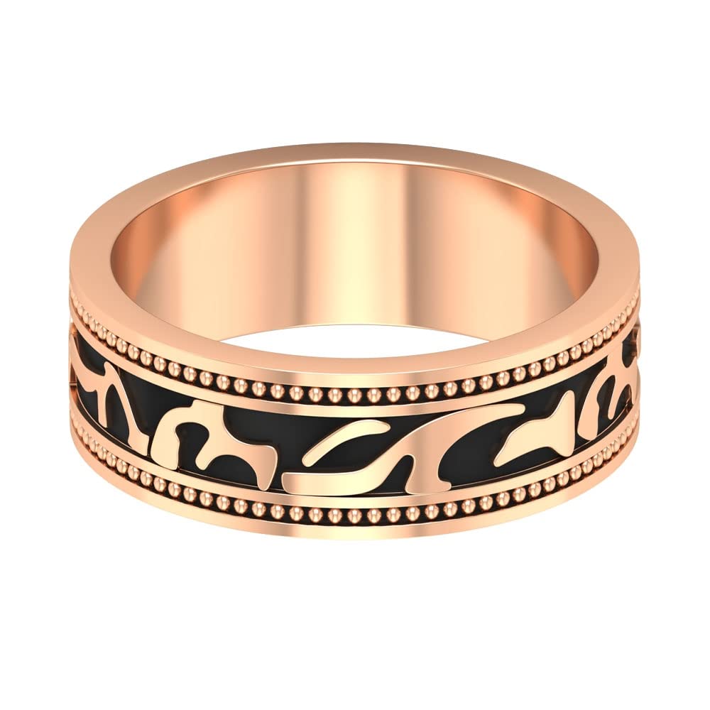 14K Solid Gold Black Enamel Men's Band Ring - Antique Beaded Design for Wedding, Anniversary & Special Occasions