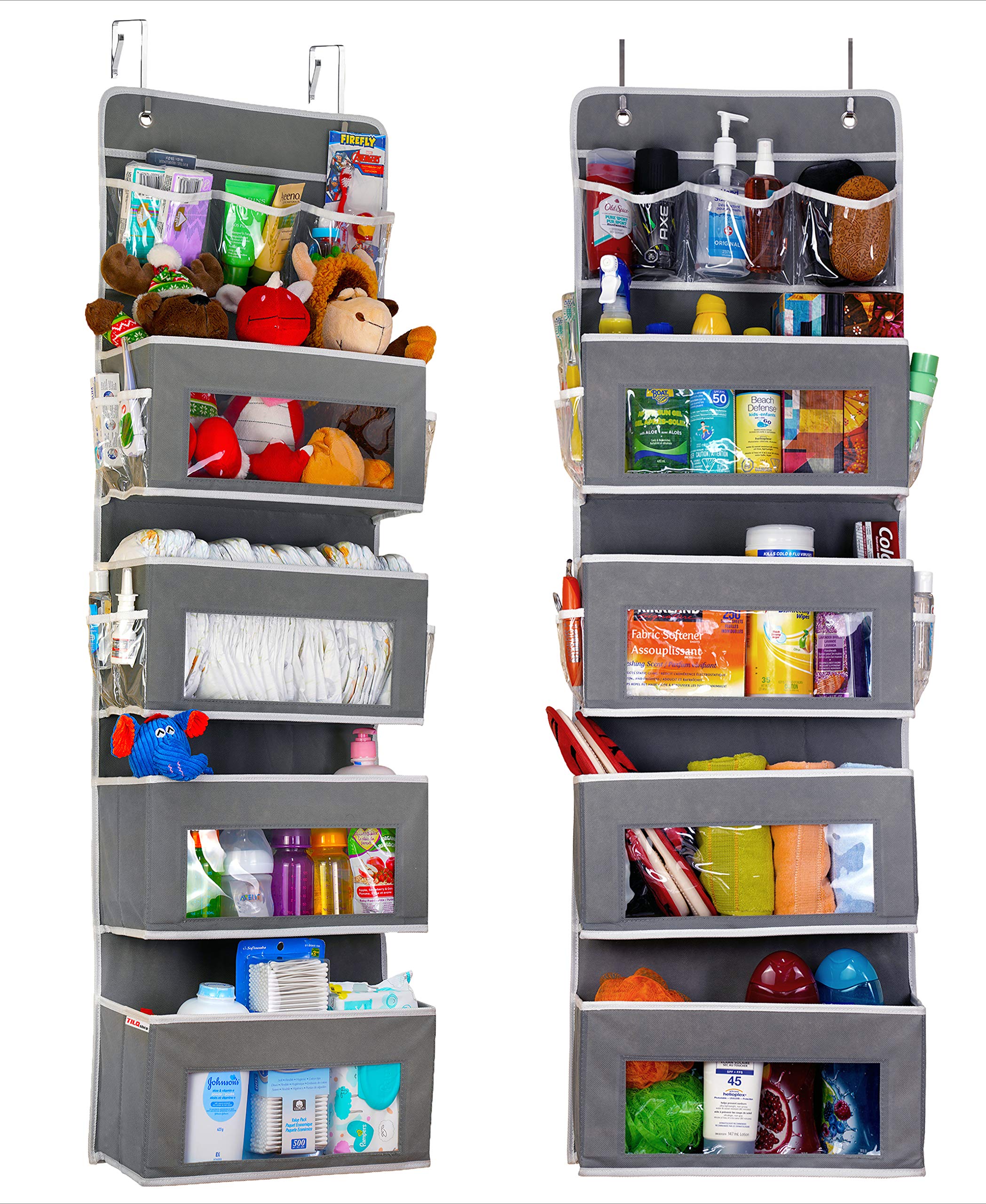 TILQshop Baby Over Door Hanging Organizer with 4 Clear Window Pockets & 11 Small Pouches - Adjustable Metal Hooks for Nursery, Closet, Pantry Storage - Perfect for Toys, Baby Essentials & Makeup Organization (Grey) - Space Saving Door Organizer for Home & Nursery Use