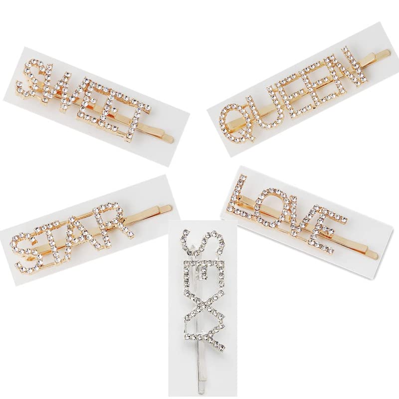 RECTYO GALLERY 5-Piece Rhinestone Letter Hair Clips Set - Shiny Gold & Silver Crystal Hairpins for Women & Girls - Perfect for Parties, Weddings, and Everyday Hair Styling Accessories