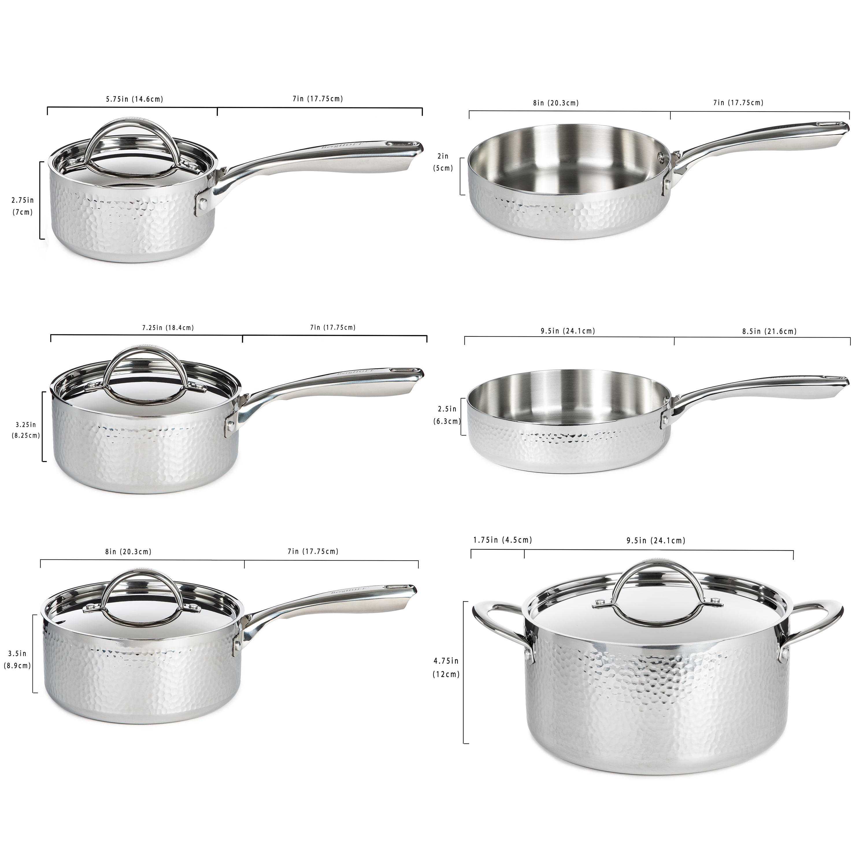 BergHOFF Vintage 10-Piece Tri-Ply 18/10 Stainless Steel Cookware Set with Lids - Hammered Finish for Professional Cooking & Home Kitchen Use