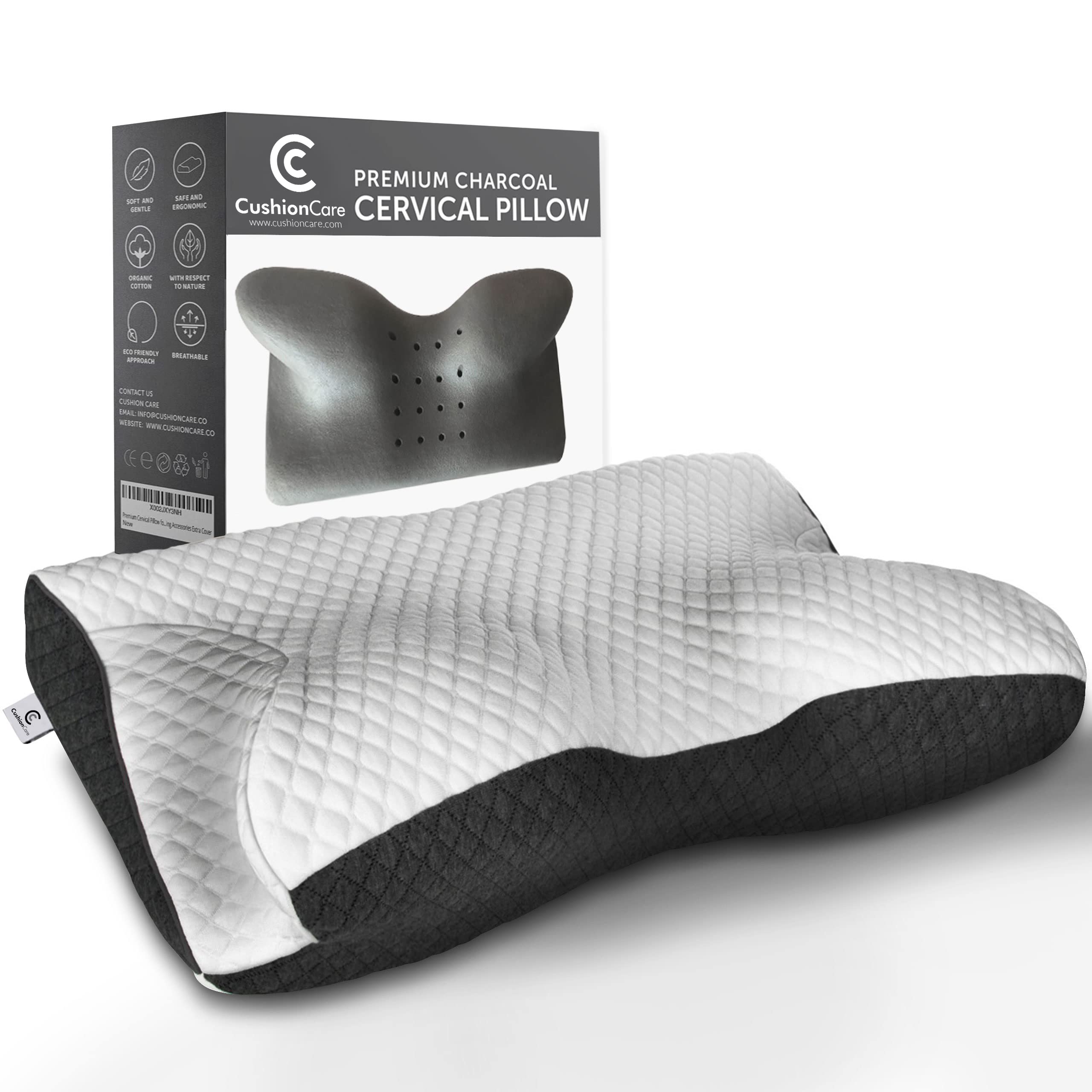 Bamboo Charcoal Cervical Neck Pillow for Pain Relief - Orthopedic Memory Foam Pillow with Ventilation for Side, Back & Stomach Sleepers - Ergonomic Support for Arm, Neck & Shoulder - Perfect for Travel, Office & Home Use