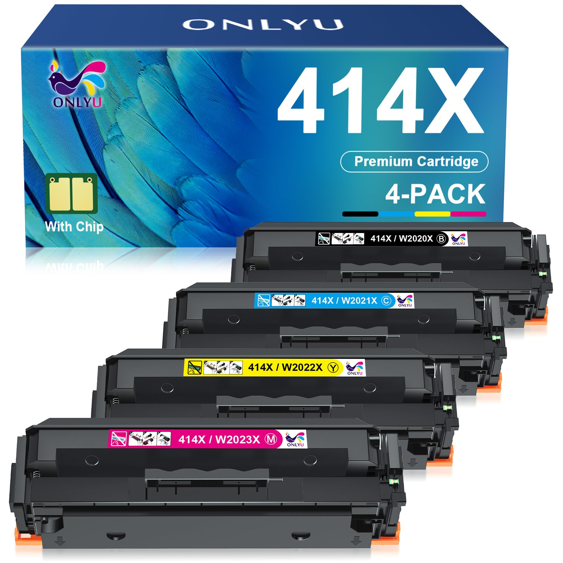 ONLYU Compatible Toner Cartridge Replacement for HP 414X 414A - Works with HP Color LaserJet Pro MFP M479fdw M479fdn M479dw M454dw M454dn M455dn MFP M480f M479 M454 W2020X W2020A (4-Pack, CMYK) - High Yield Printing for Office & Home Use