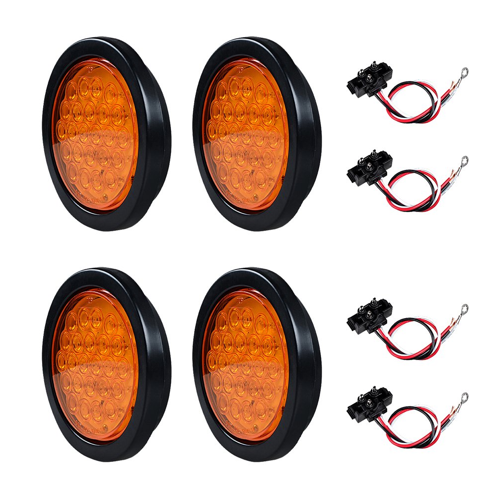 Astra Depot 4X Amber 4 Inch Round 24-LED Tail Turn Signal Lights with Grommet Wiring Plug Kit - Compatible with Truck, Trailer, RV, UTE & UTV - Perfect for Off-Road, Towing & Vehicle Safety Lighting