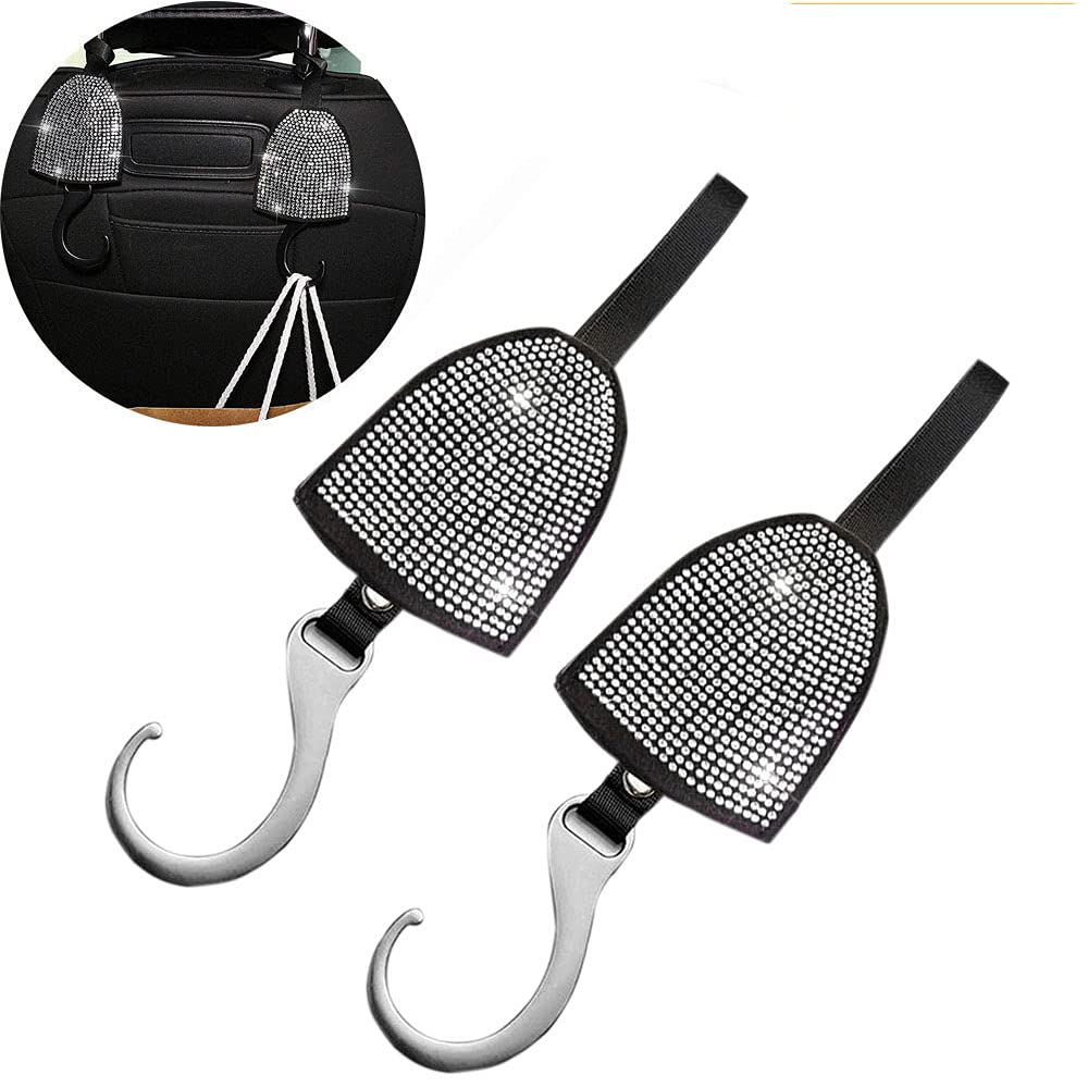 2 Pack Stylish Bling Car Headrest Hooks - Premium Silver Purse Hangers for Women | Perfect for Hanging Handbags, Totes & Shopping Bags While Driving