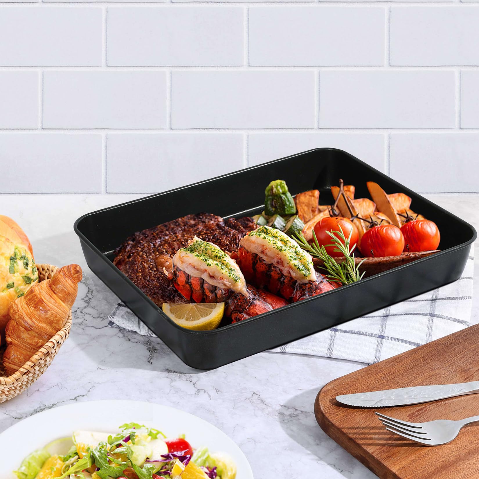 P&P CHEF Nonstick Small Lasagna Pan - 12.3 Inch Stainless Steel Deep Baking Tray for Toaster Oven - Perfect for Lasagna, Brownies, Meats & Casseroles - Heavy Duty Rectangular Bakeware - Easy to Clean - Ideal for Home Cooking, Meal Prep & Holiday Baking