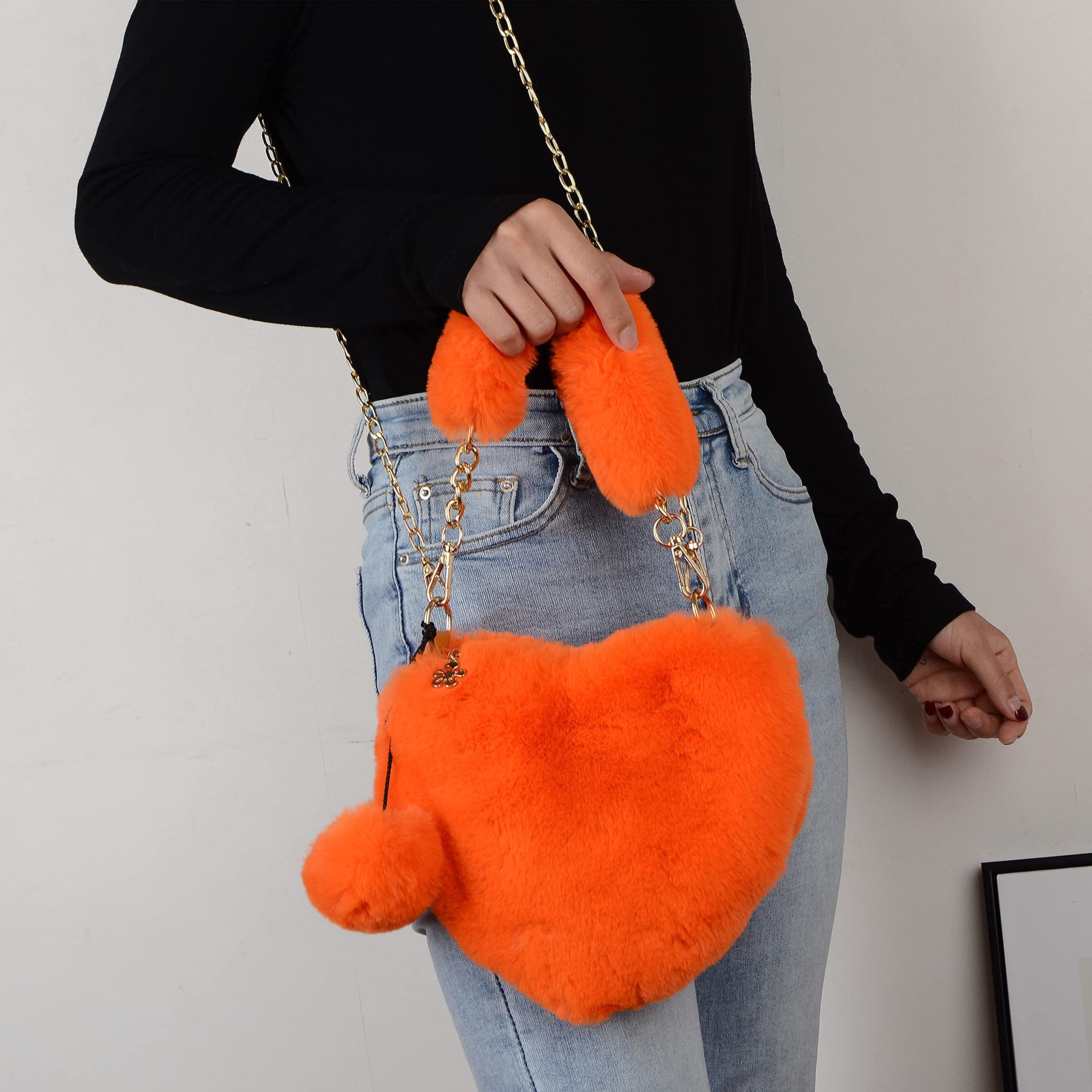 Rejolly Furry Heart Shaped Purse for Women & Girls - Soft Fluffy Faux Fur Small Shoulder Bag Clutch - Perfect for Parties, Date Nights & Casual Outings