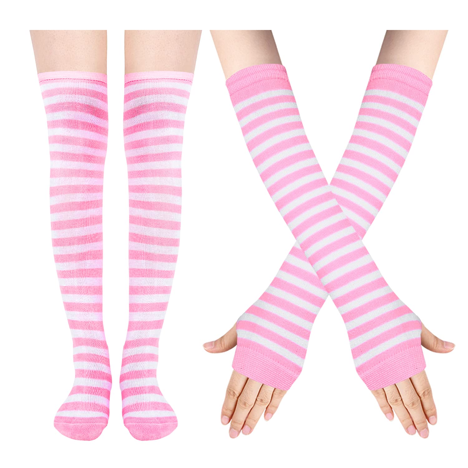 Benefeet Women's Striped Thigh High Socks & Fingerless Gloves Set - Over Knee High Leg Warmers for Costume, Dance, Yoga & Winter Fashion