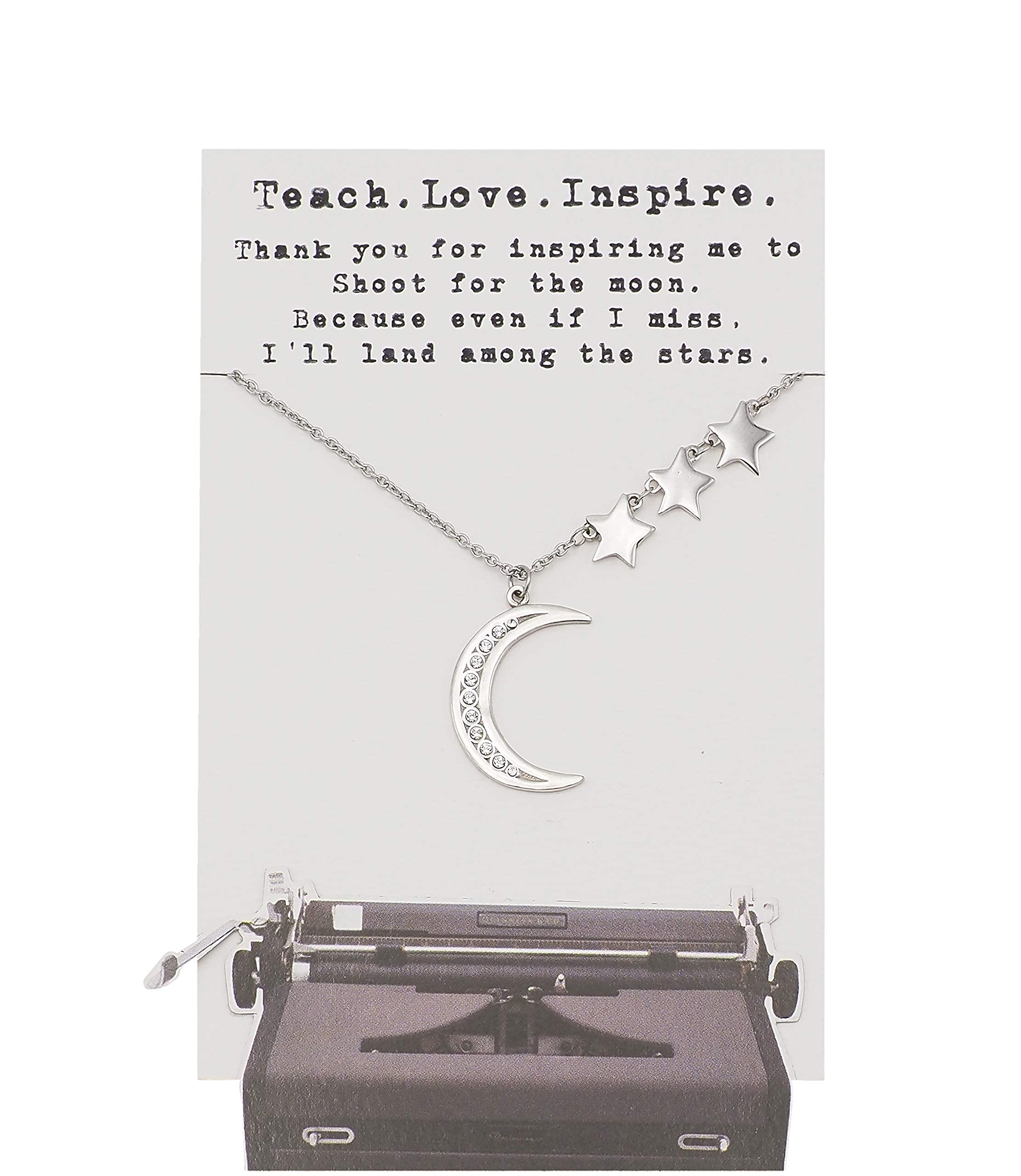 QUINNLYN & CO. 3 Stars and Crescent Moon Pendant Necklace - Best Teacher & Mentor Gift for Women, Teacher's Day Appreciation Present with Inspirational Quote Card - Perfect for Graduation, Retirement & Thank You Gifts