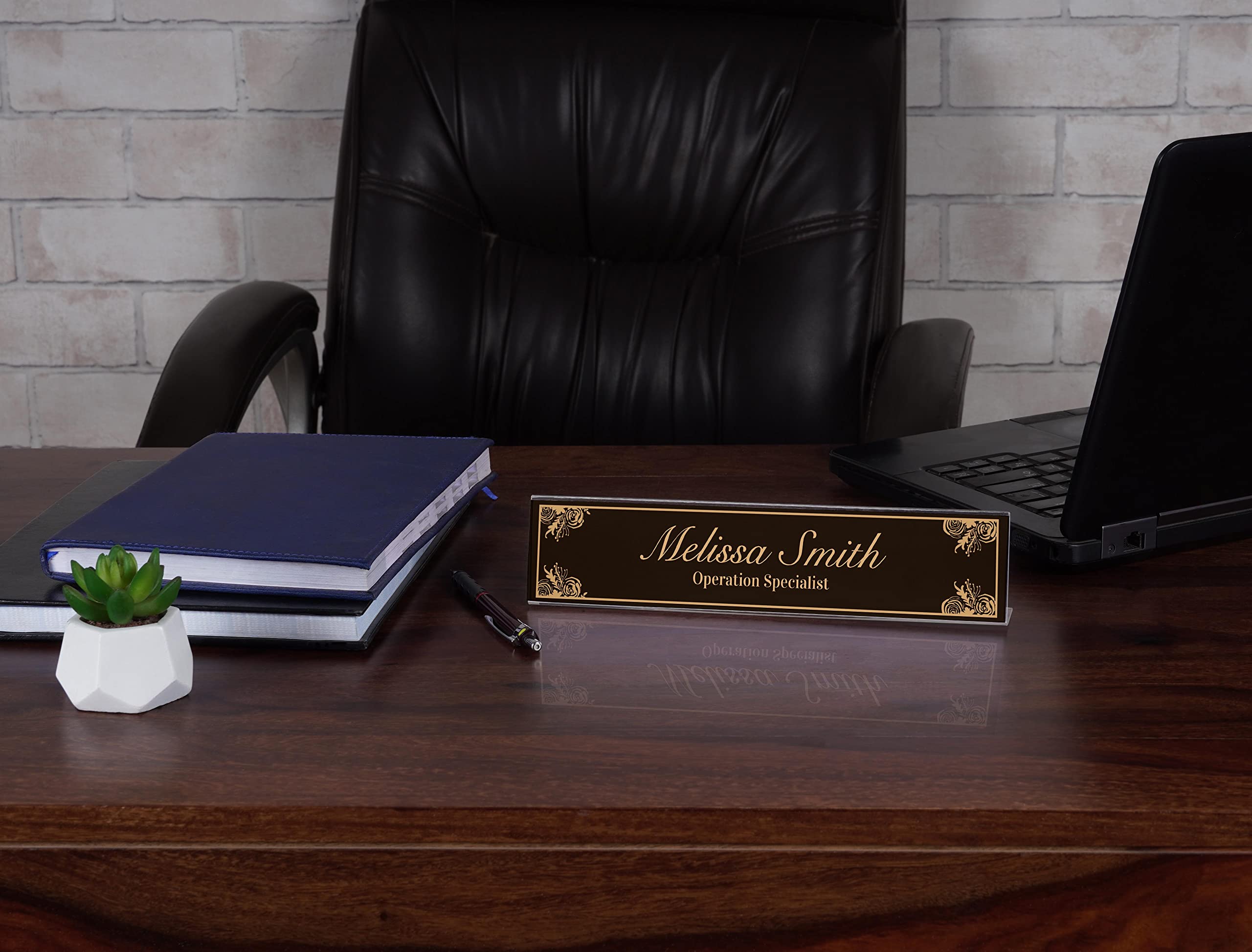 Custom Acrylic Office Desk Name Plate - Personalized 2x8 Inches with Pretty Border - Perfect for Corporate Gifts, Workstations & Home Office Decor