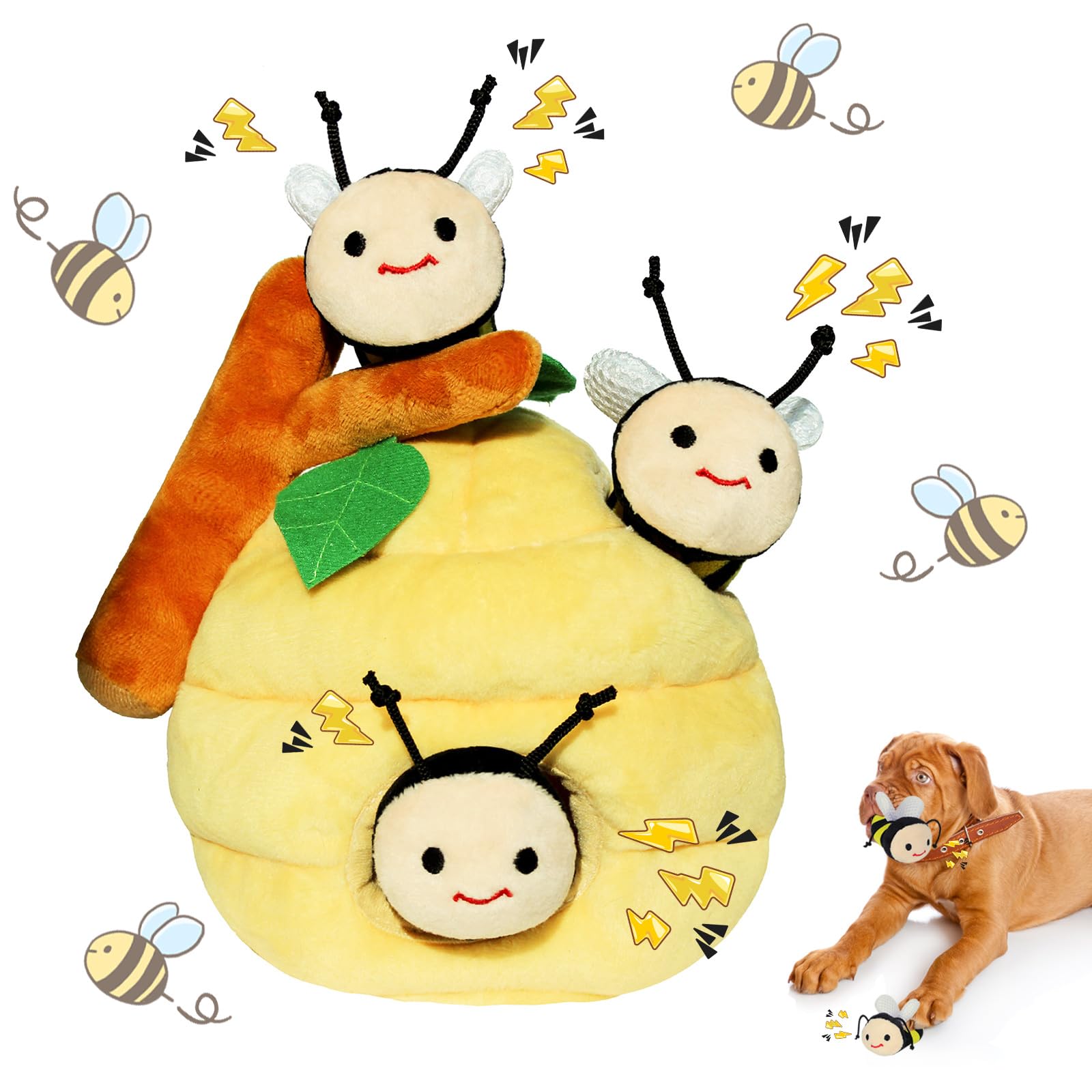 Whaline 4Pcs Interactive Dog Toys - Squeaky Bee Honey Pot Puzzle Toys for Hide & Seek, Tough Chew Teething for Small Medium Large Dogs | Fun Boredom Relief & Mental Stimulation for Puppies & Adult Dogs - Perfect for Indoor Play, Training Rewards & Outdoor Activities