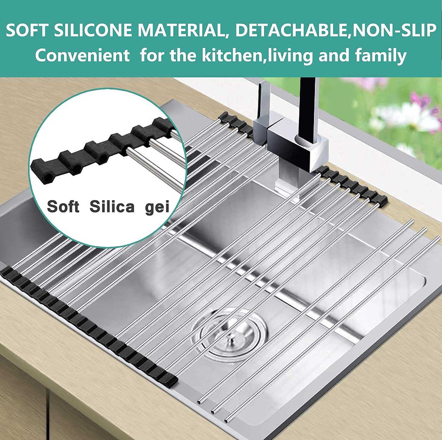 Stainless Steel Roll-Up Dish Drying Rack for Kitchen Sink - Space Saving 47x47cm Black Dish Drainer for Dishes, Utensils, Fruits & Vegetables - Perfect for Small Kitchens, Apartments & RVs