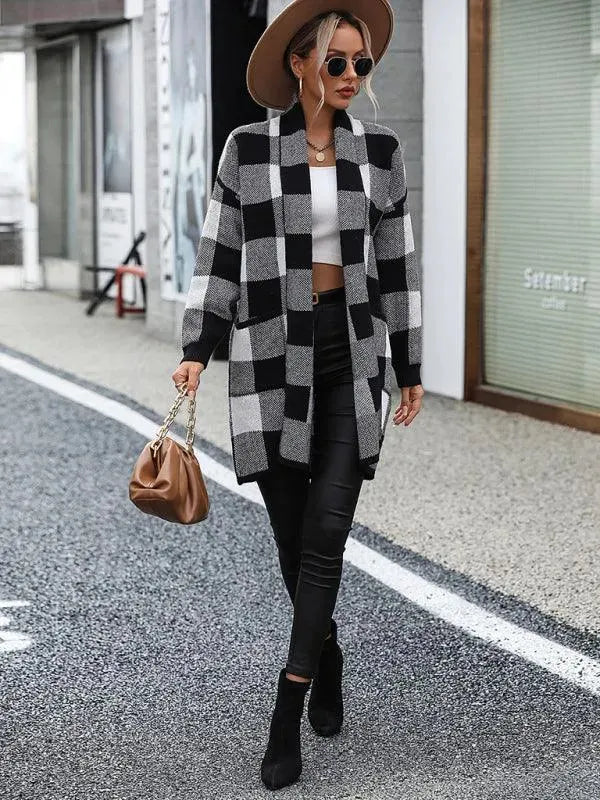 Stylish Loose Plaid Color Block Knit Cardigan Sweater for Women - Cozy Fall & Winter Fashion - Perfect for Office, Dating and Casual Outings