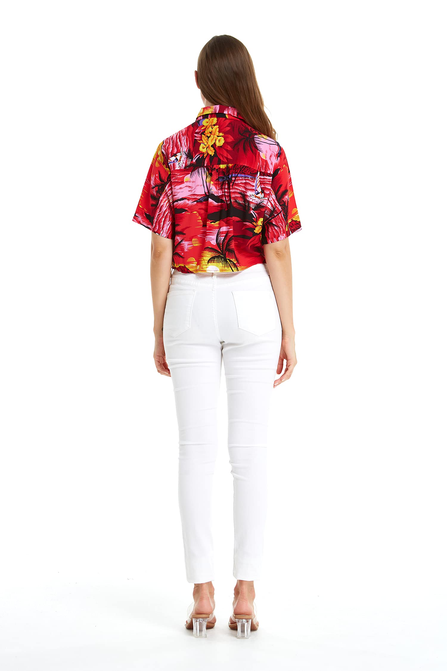 Women's Hawaiian Tie Front Crop Top Aloha Shirt - Floral Sunset Print Beachwear for Summer Vacation & Tropical Party Outfits