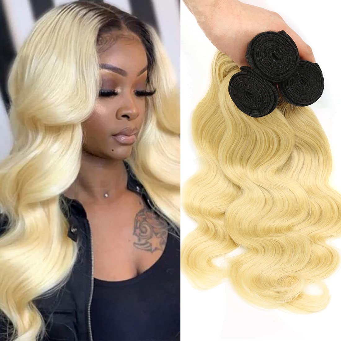 Nadula T1B613 Blonde Body Wave Human Hair Extensions - 3 Bundles 10A Brazilian 100% Remy Hair with Dark Roots & Honey Blonde Ombre - 14/16/18 Inch Wavy Weaves for Sew-In - Perfect for Daily Styling, Parties & Special Occasions