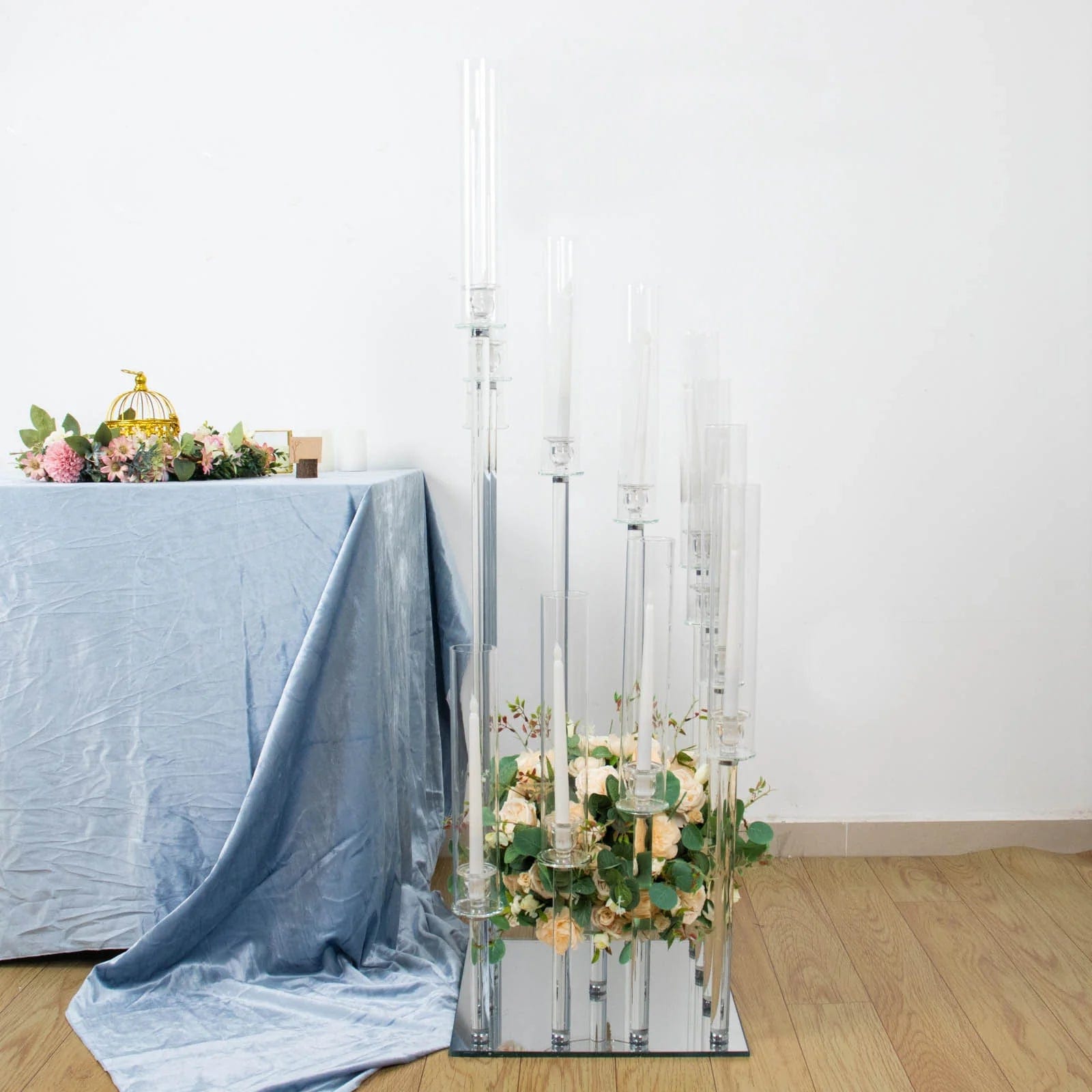 4.5 ft Tall 12-Arm Crystal Glass Square Candelabra Taper Candle Holder - Clear Elegant Centerpiece for Wedding, Dining Table & Home Decor