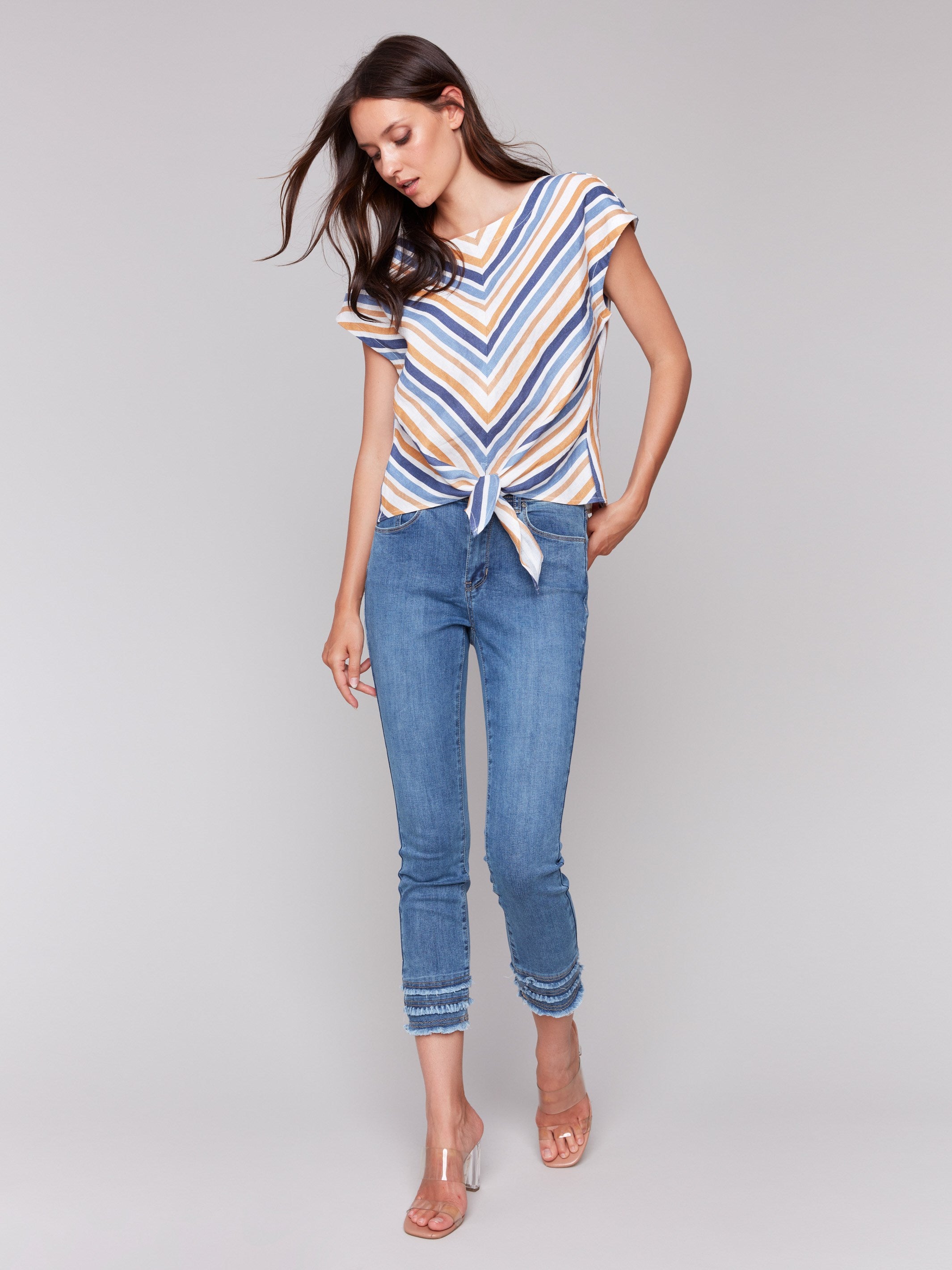 Stylish Striped Linen Blend Tie Front Blouse with Denim Accents - Perfect for Office Wear & Casual Outings