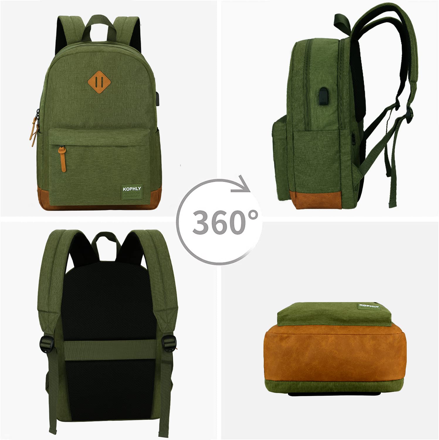 SUPACOOL Lightweight Laptop Backpack with USB Charging Port - Water-Resistant College Backpack for Men & Women - Work, Travel & Everyday Use - Olive & Brown - Perfect for Commuting, Business Trips & School