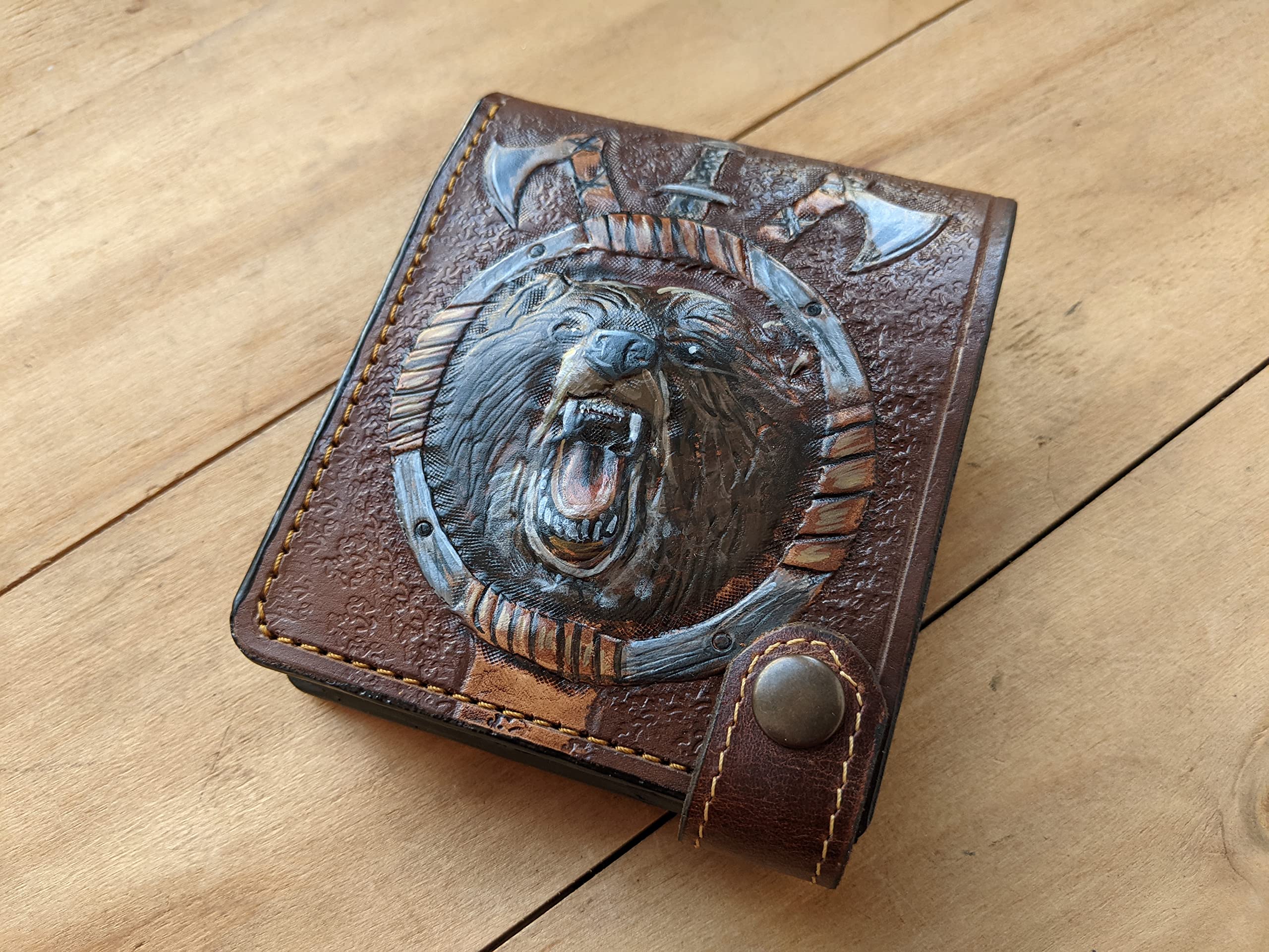 **Handmade 3D Genuine Leather Bifold Wallet for Men - Axe, Sword & Bear Hunting Themed Carved Design - Custom Personalized Airbrush Art Wallet for Outdoor Enthusiasts & Gift Ideas**    *(Perfect for Hunters, Camping, Outdoor Adventures & Unique Gifts for Men)*