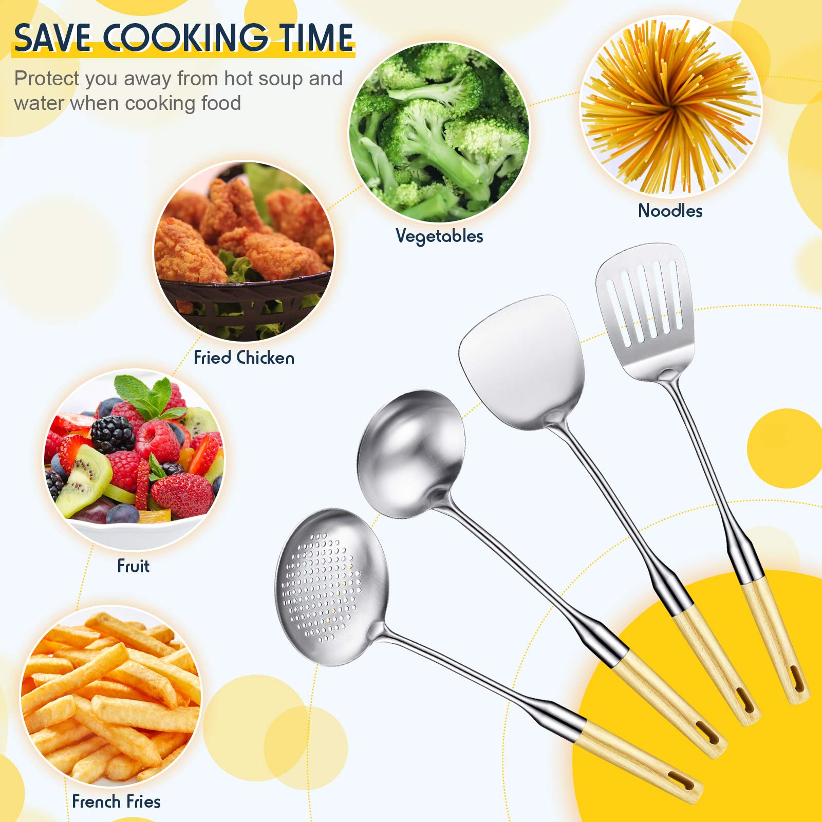 Premium Stainless Steel Chinese Wok Utensil Set - 5-Piece Nonstick Cookware Tools with Skimmer, Slotted Spoon, Spatula Turner, Wok Spatula & Soup Ladle - Ideal for Stir-Frying, Deep Frying & Asian Cooking