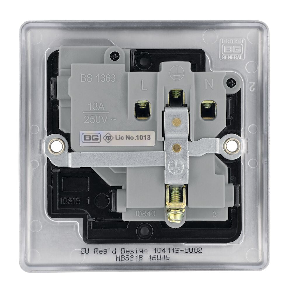 BG Nexus 13A Single Socket NBS21B - Brushed Steel Electrical Outlet for Home, Office & Workshop Use