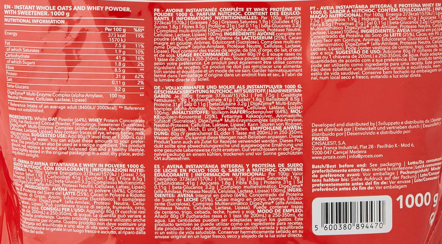 Prozis Whey Protein Oatmeal - NutChoc Flavor, 1000g | High-Protein Breakfast & Post-Workout Meal for Athletes & Fitness Enthusiasts