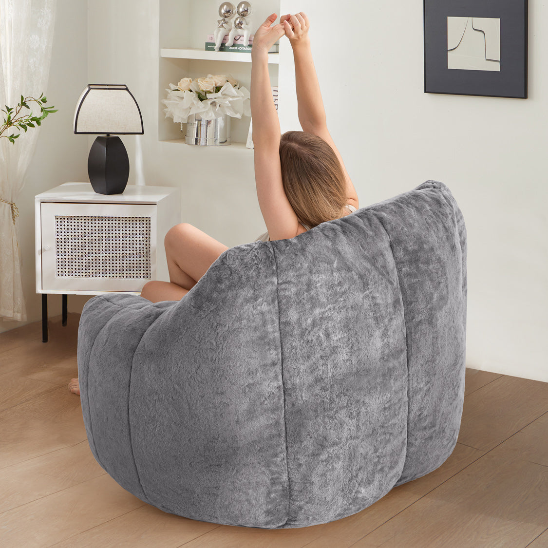 MAXYOYO Faux Fur Bean Bag Chair with High Backrest - Grey, Oversized Comfortable Lounge Chair for Living Room, Bedroom, Dorm, or Game Room - Perfect for Relaxing, Reading, and Gaming