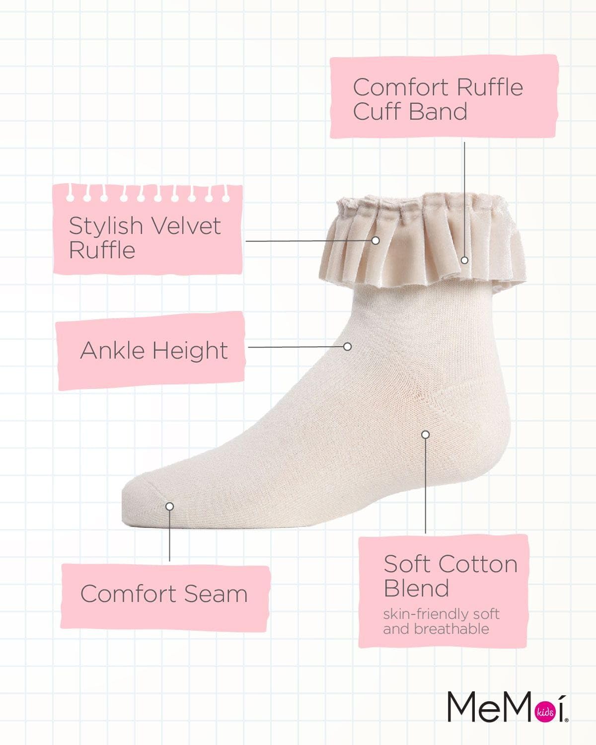 MeMoi Velvet Pleated Ankle Socks for Girls - Soft Cotton Blend Cute Ruffled Socks - Perfect for School, Parties & Everyday Wear