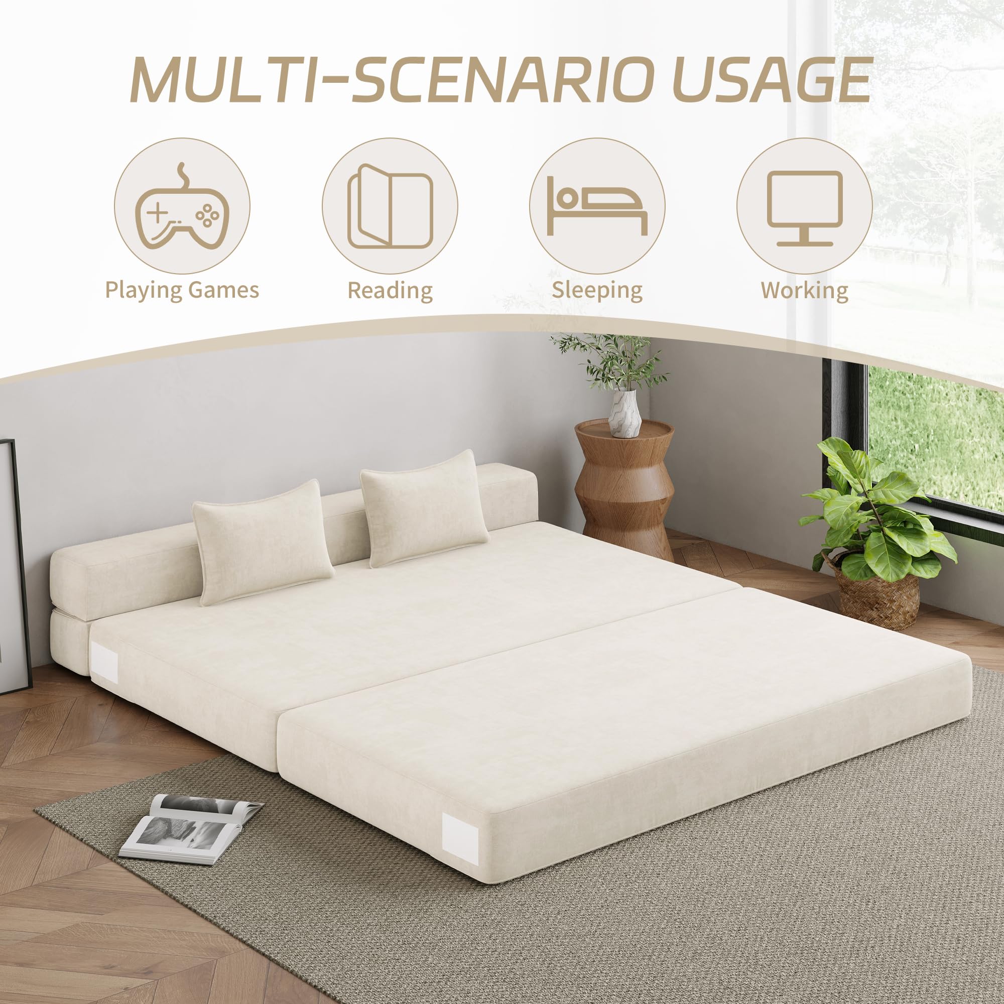 Convertible Folding Sofa Bed Queen Size with Pillows - Foldable Futon Sleeper Chair for Living Room, Dorm & Guest Room - Washable Cover, Off White - Perfect for Small Spaces, Lounging & Overnight Guests