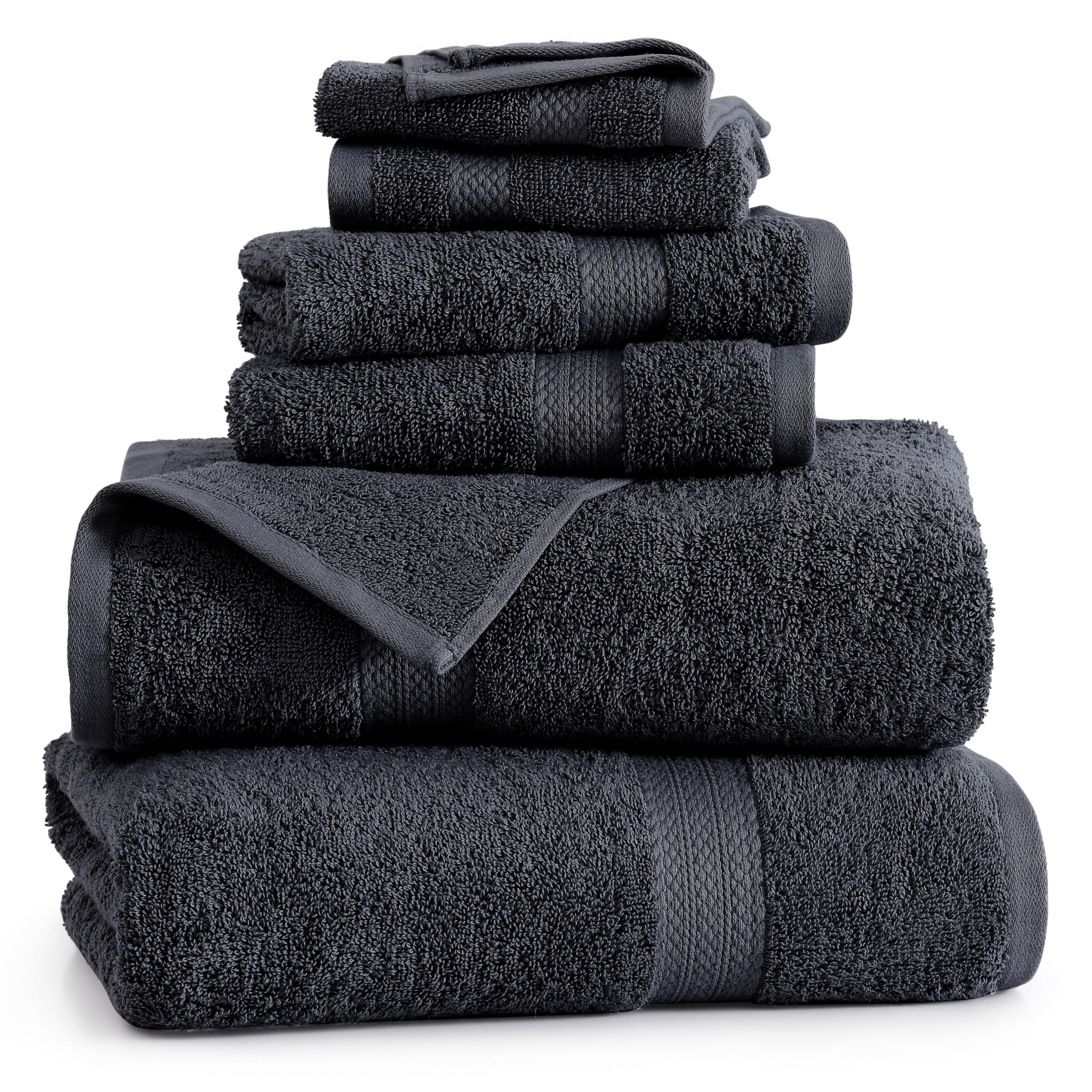 Premium 6-Piece 100% Cotton Bath Towel Set - Ultra Soft & Absorbent Bath, Hand & Face Towels for Spa, Gym & Luxury Bathroom (2 Bath Towels, 2 Hand Towels, 2 Washcloths) - Black