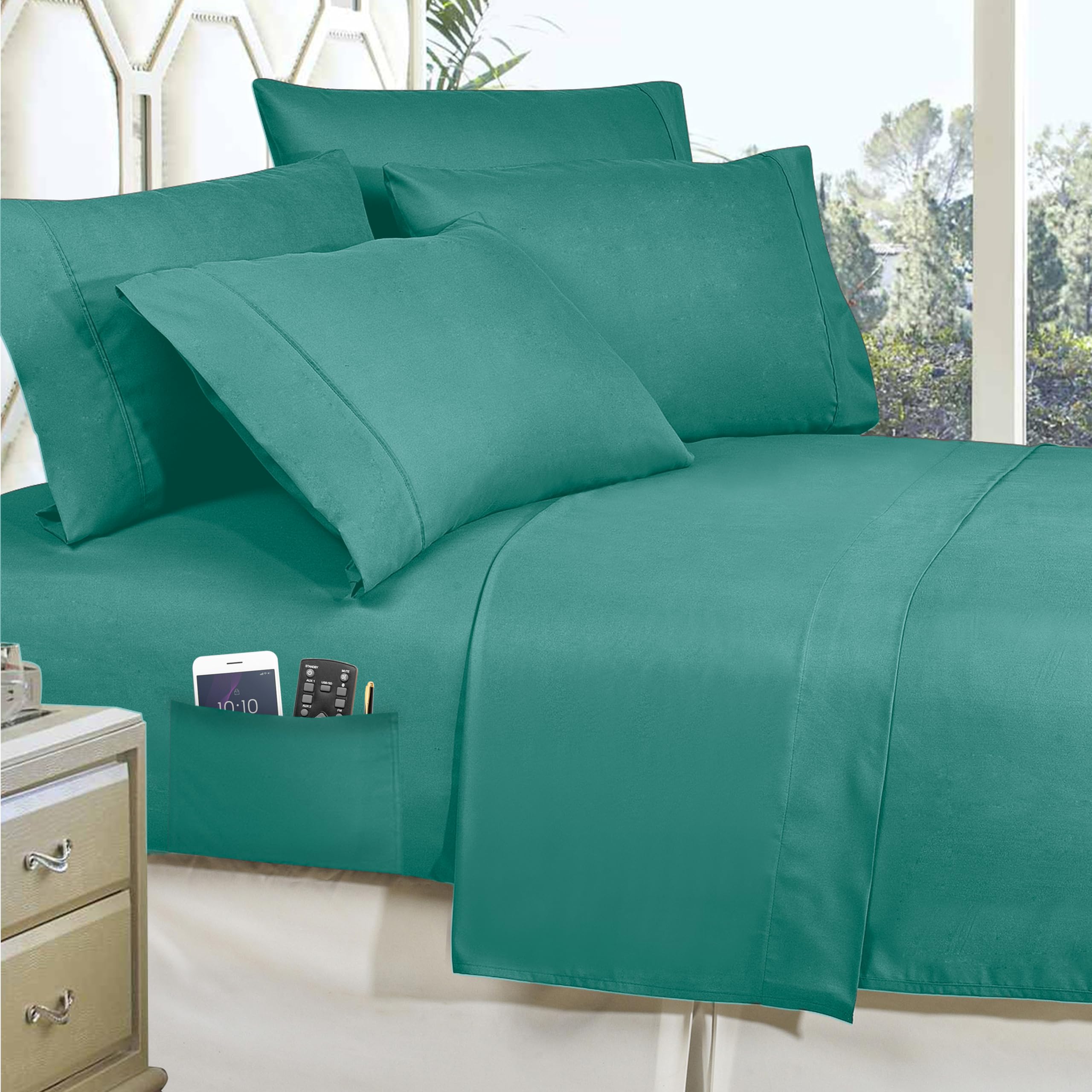 Luxury 6-Piece Comforter Set - Ultra Soft Bed in a Bag with Silky Sheets & Double-Sided Storage Pockets - Twin/Twin XL Size - Turquoise Blue - Perfect for Guest Rooms, Dorms & Cozy Bedrooms