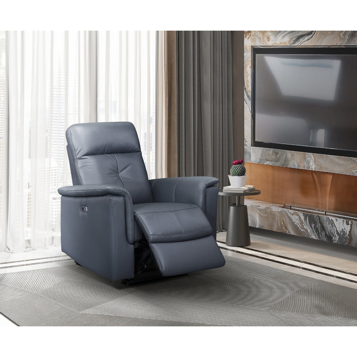 Blue Grey Power Glider Recliner with USB Charging - Genuine & Faux Leather - Perfect for Living Room, Home Theater, and Nursery Comfort