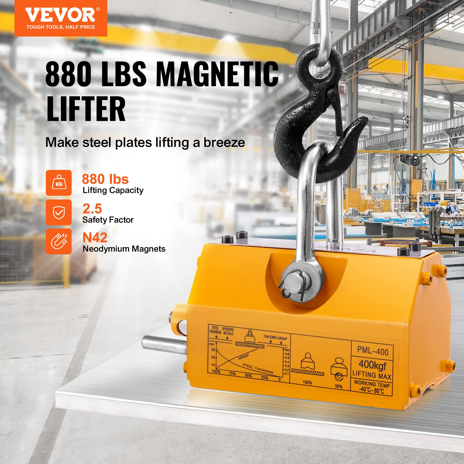 VEVOR 880 lbs/400kg Permanent Magnetic Lifter with Quick Release - Heavy Duty Neodymium & Steel Magnet for Hoist, Shop Crane, Steel Plate Lifting - 2.5 Safety Factor - Ideal for Construction, Metalworking, and Warehouse Material Handling